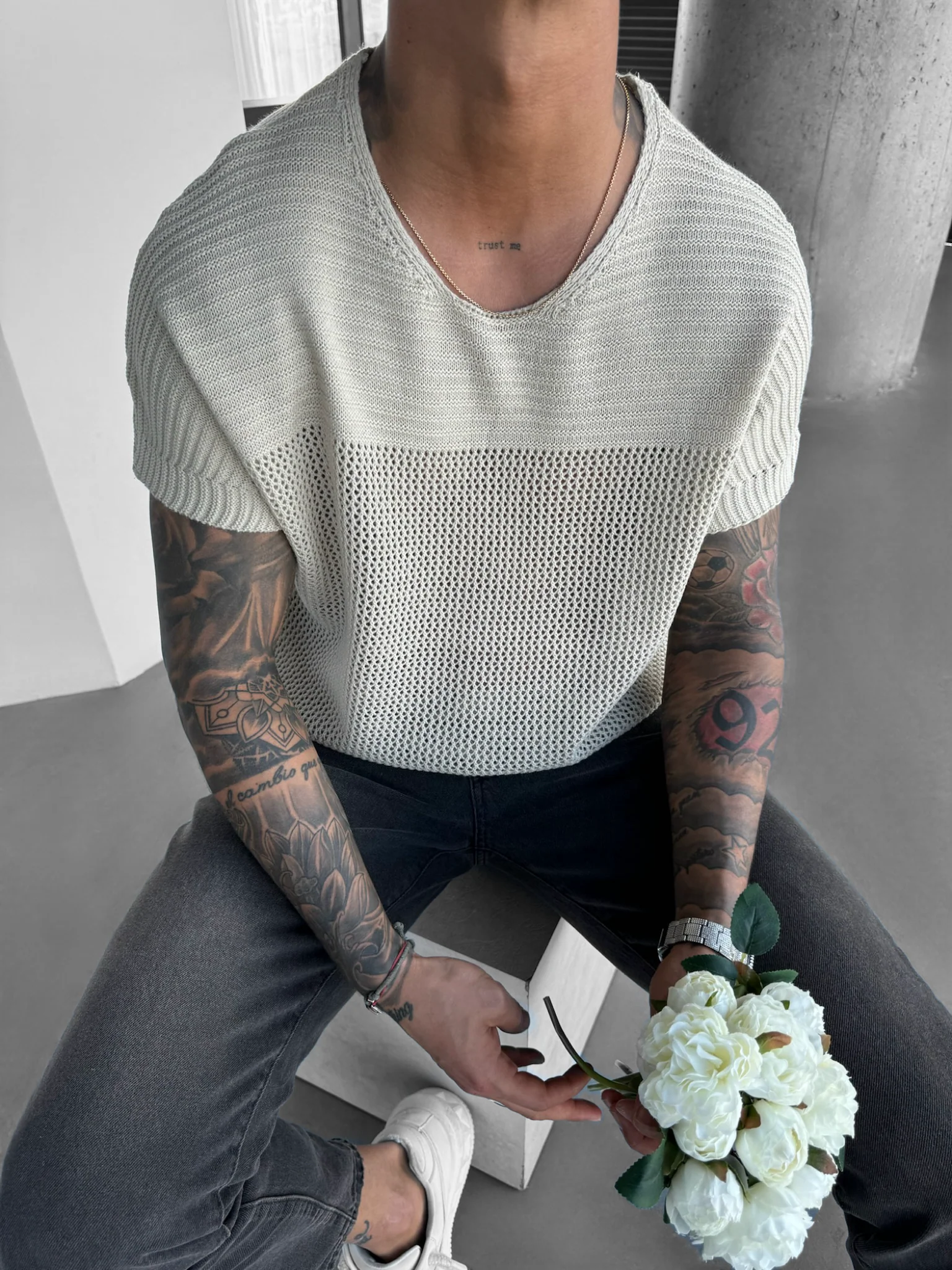Oversize Textured Knit T-shirt - Creme - Image 2