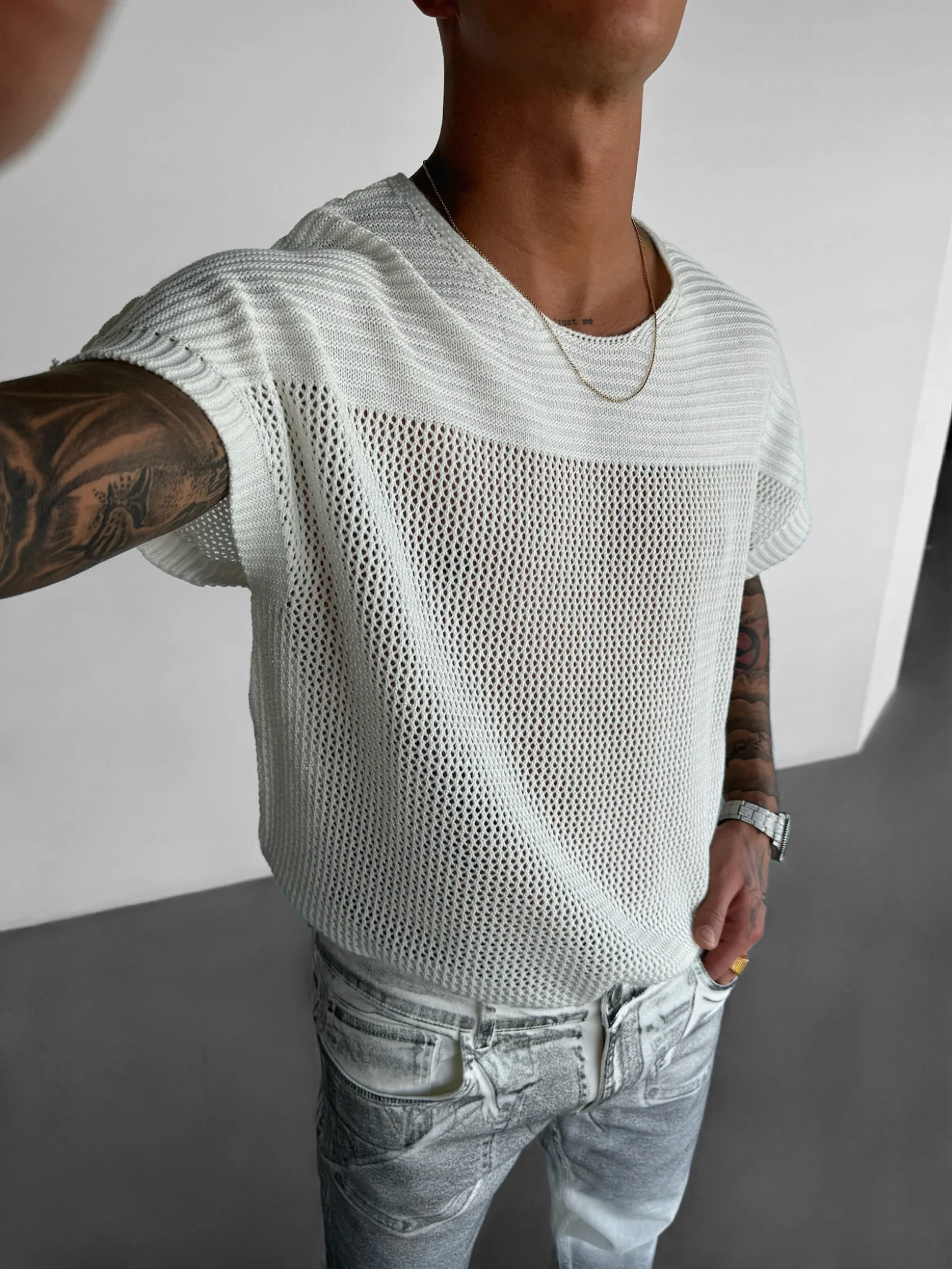 Oversize Textured Knit T-shirt - Ecru - Image 2