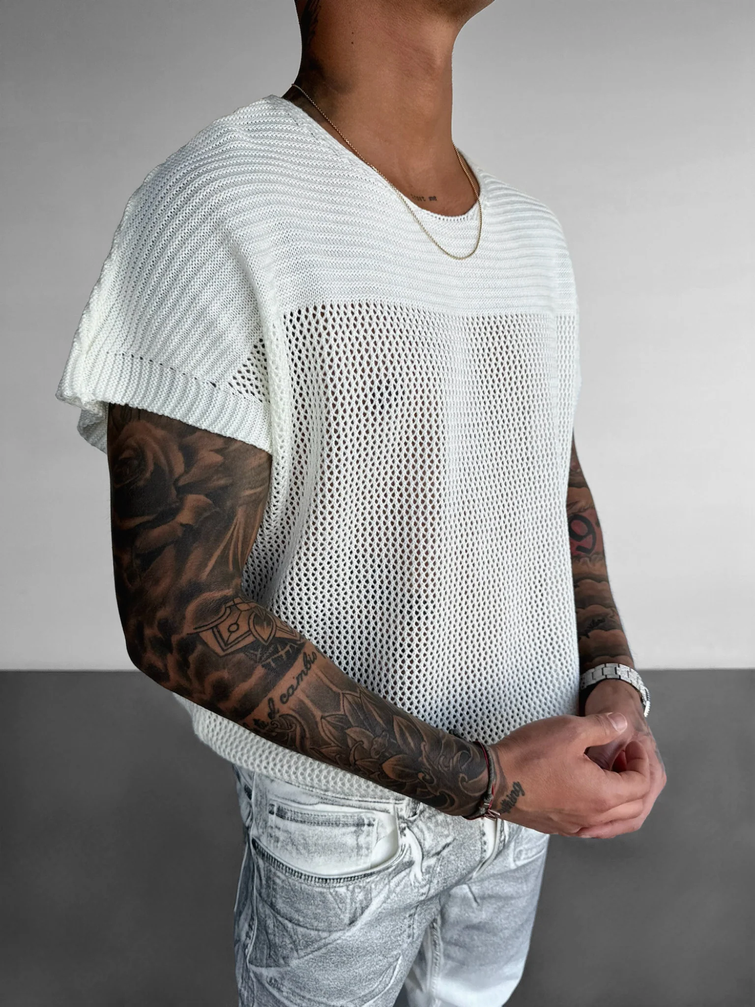 Oversize Textured Knit T-shirt - Ecru - Image 3