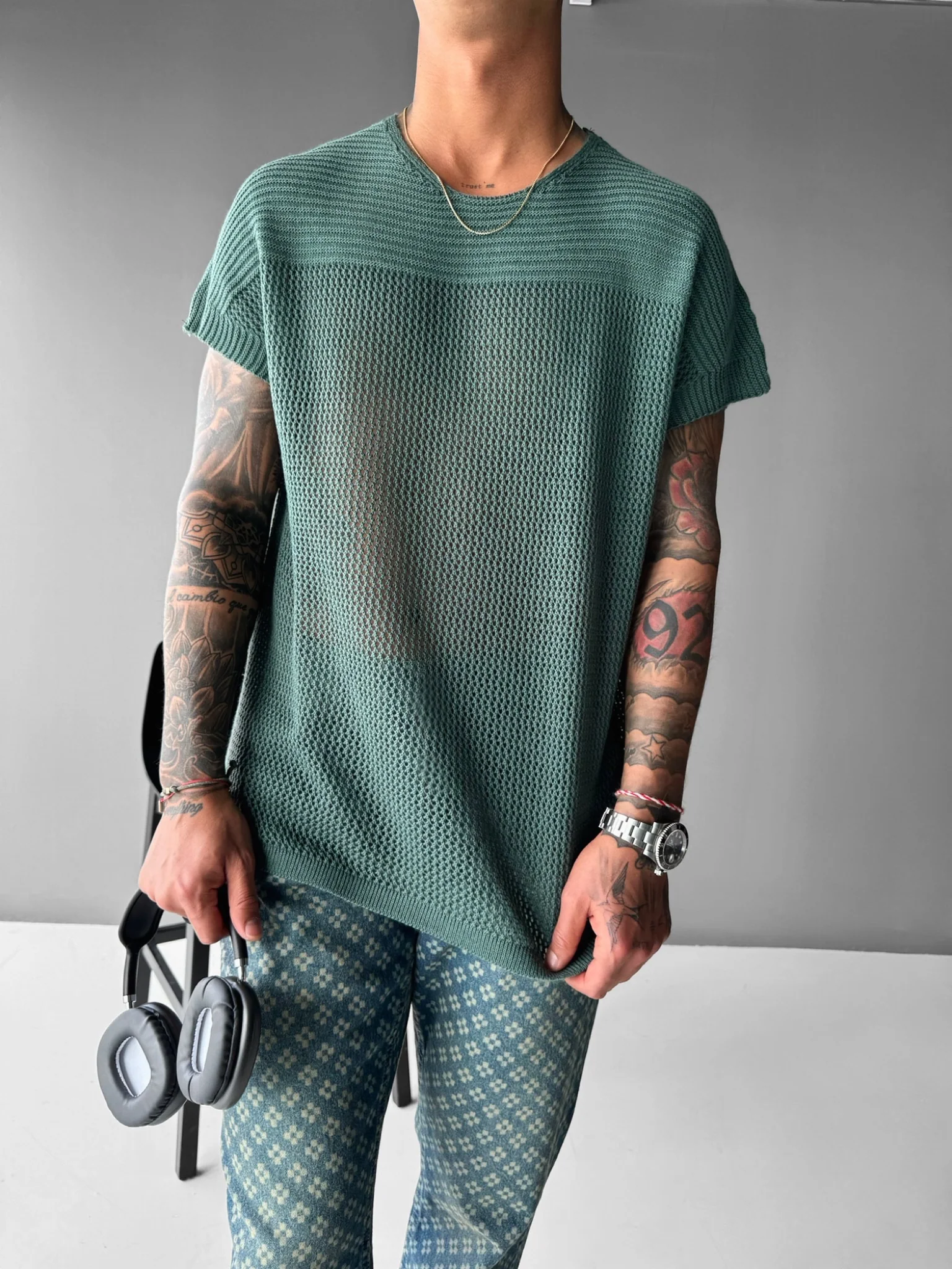 Oversize Textured Knit T-shirt - Petrol - Image 2
