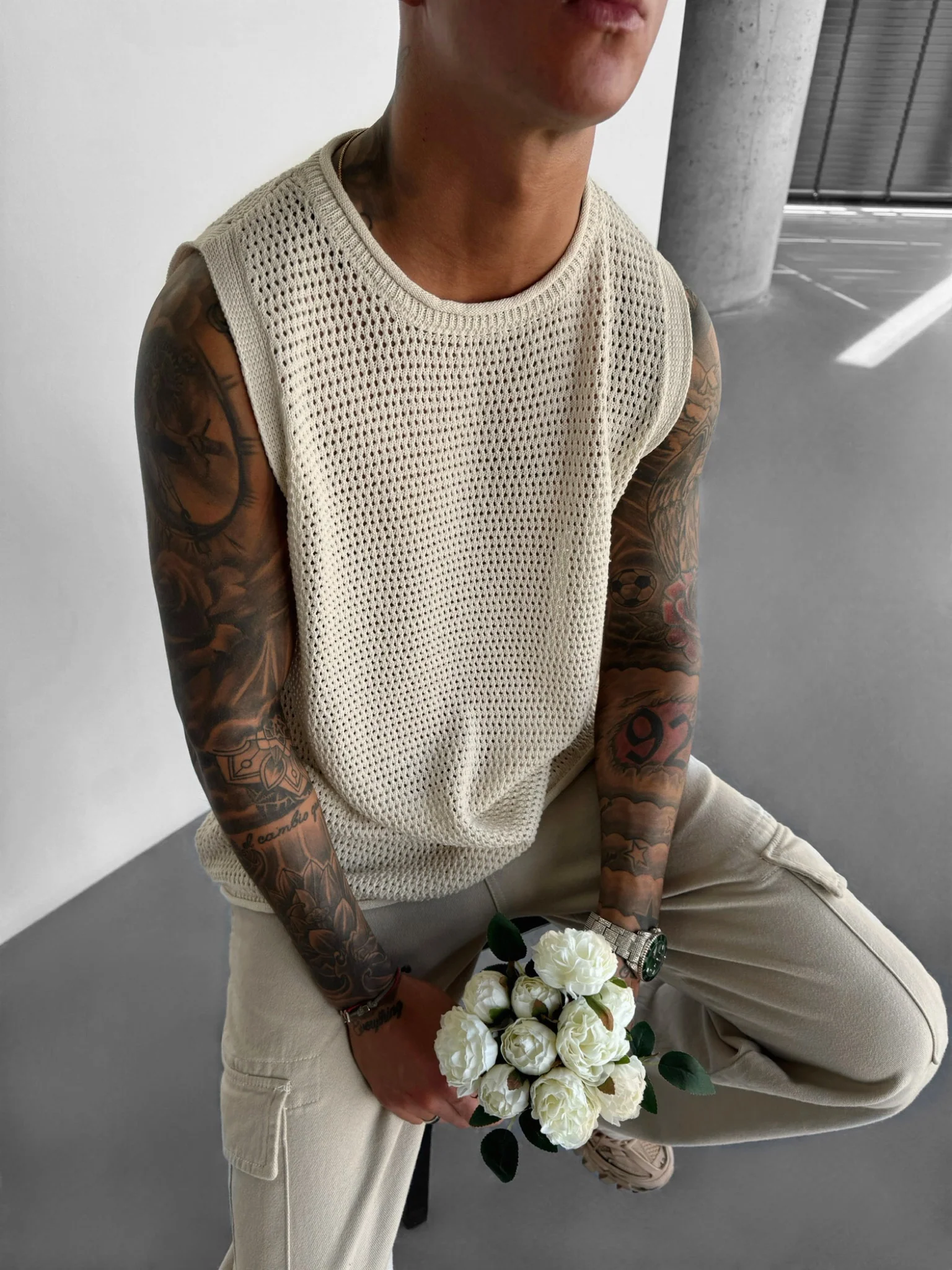 Oversize Textured Tanktop - Beige - Image 2