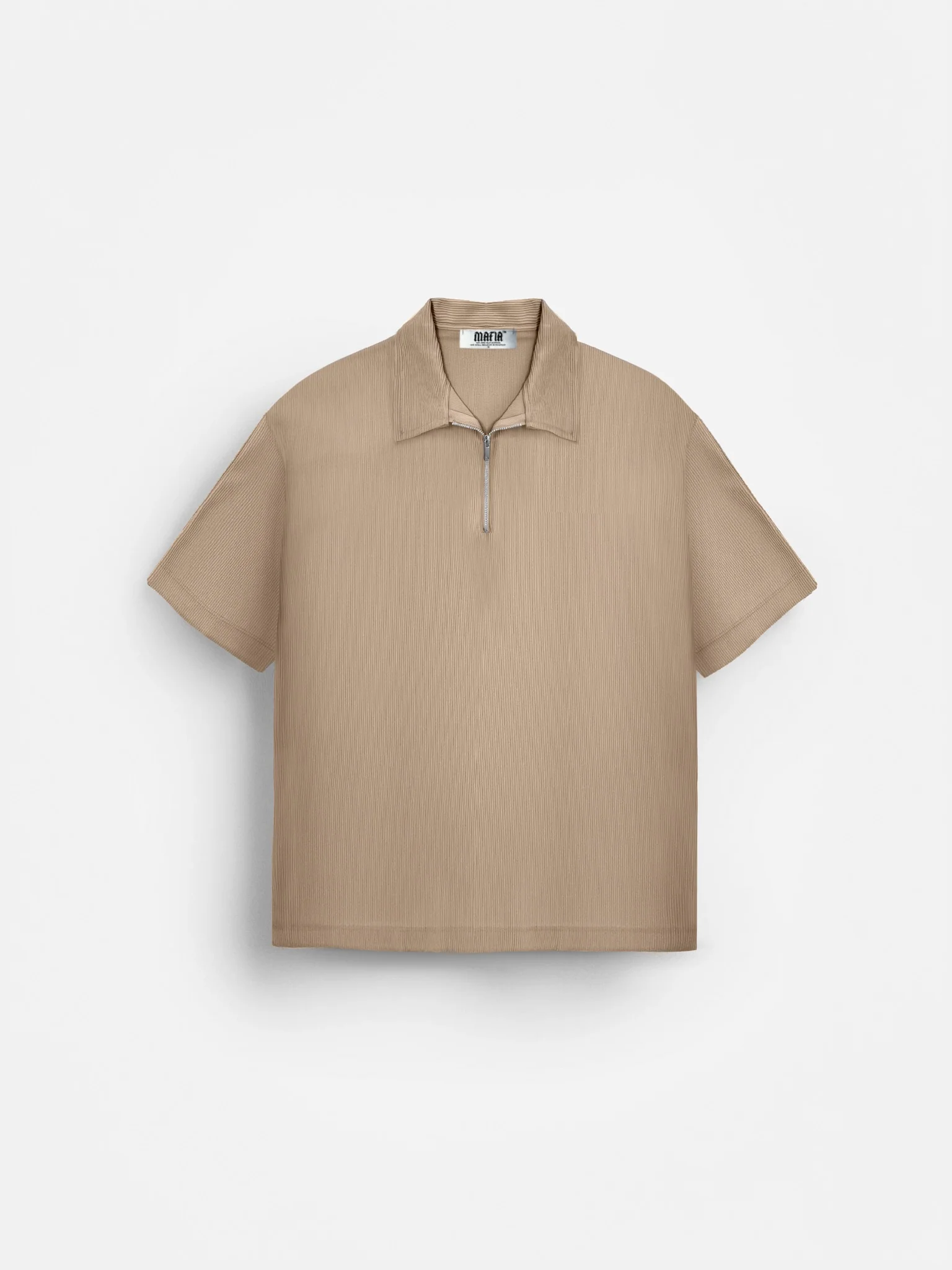 Oversize Textured Zipper Polo T-Shirt - Beige - Image 5