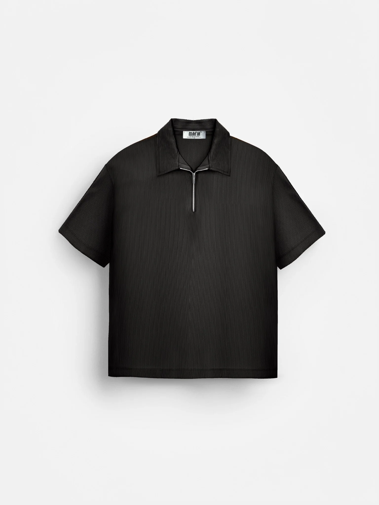 Oversize Textured Zipper Polo T-Shirt - Black - Image 4
