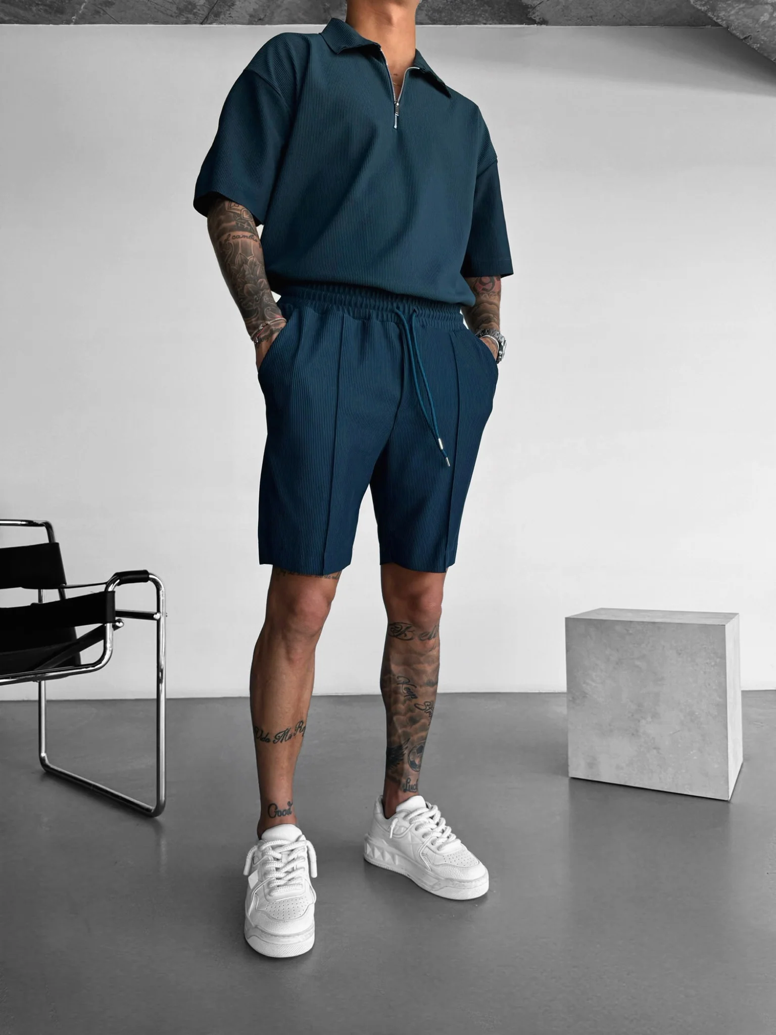 Oversize Textured Zipper Polo T-Shirt - Petrol - Image 2