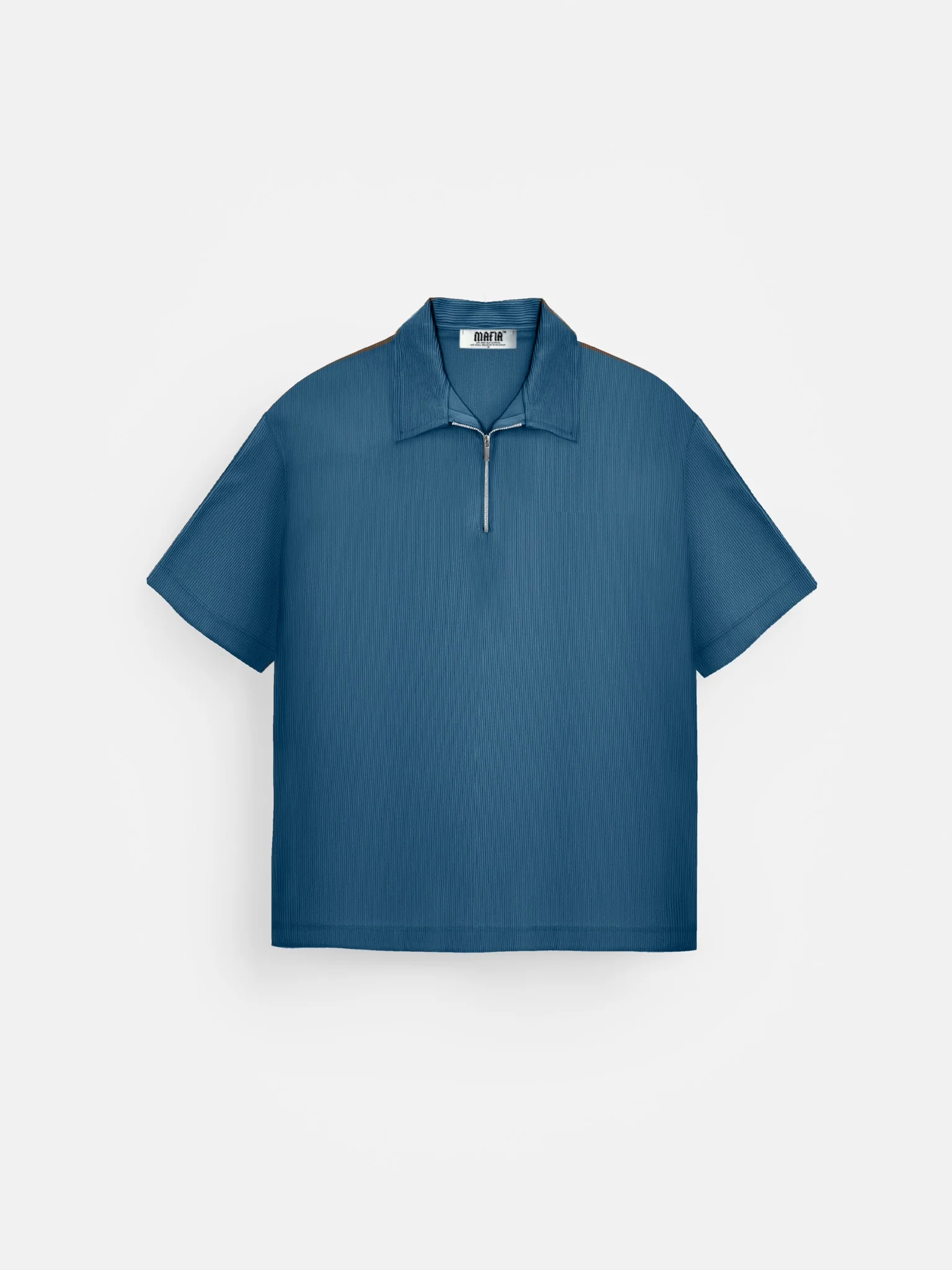 Oversize Textured Zipper Polo T-Shirt - Petrol - Image 5