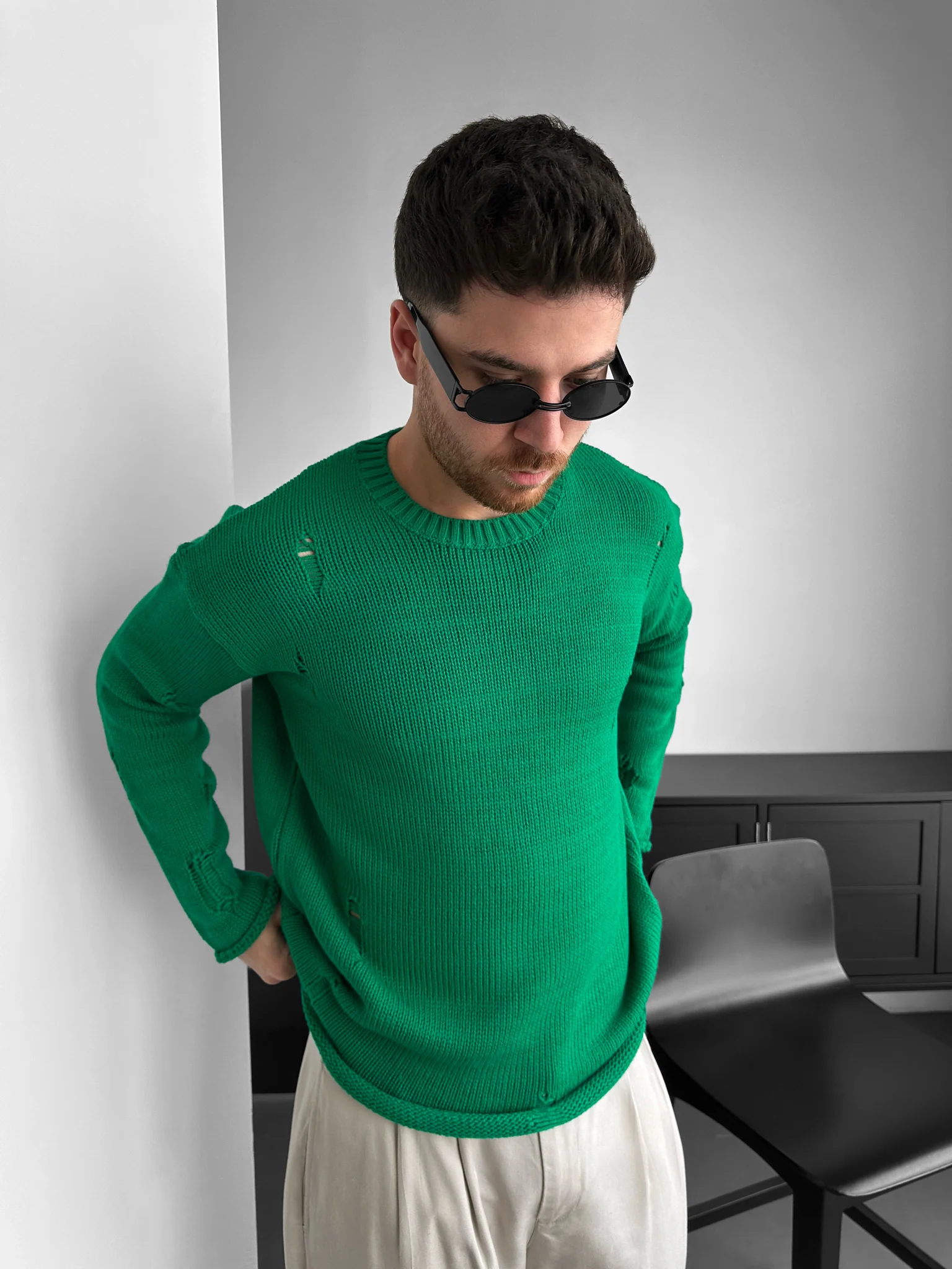 Oversize Torn Sweater - Green - Image 2