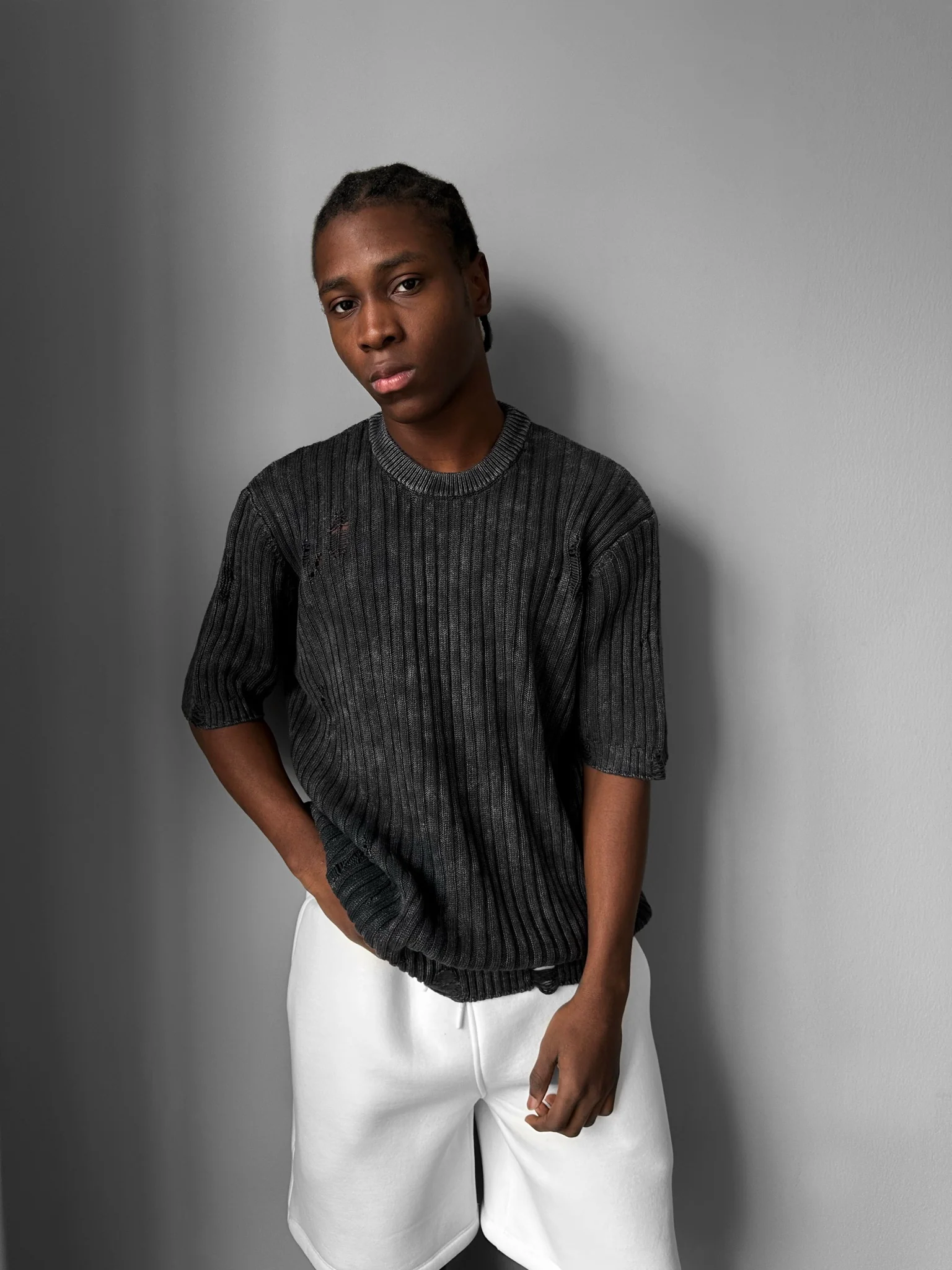 Oversize Torn Washed Knit T-shirt - Black - Image 5