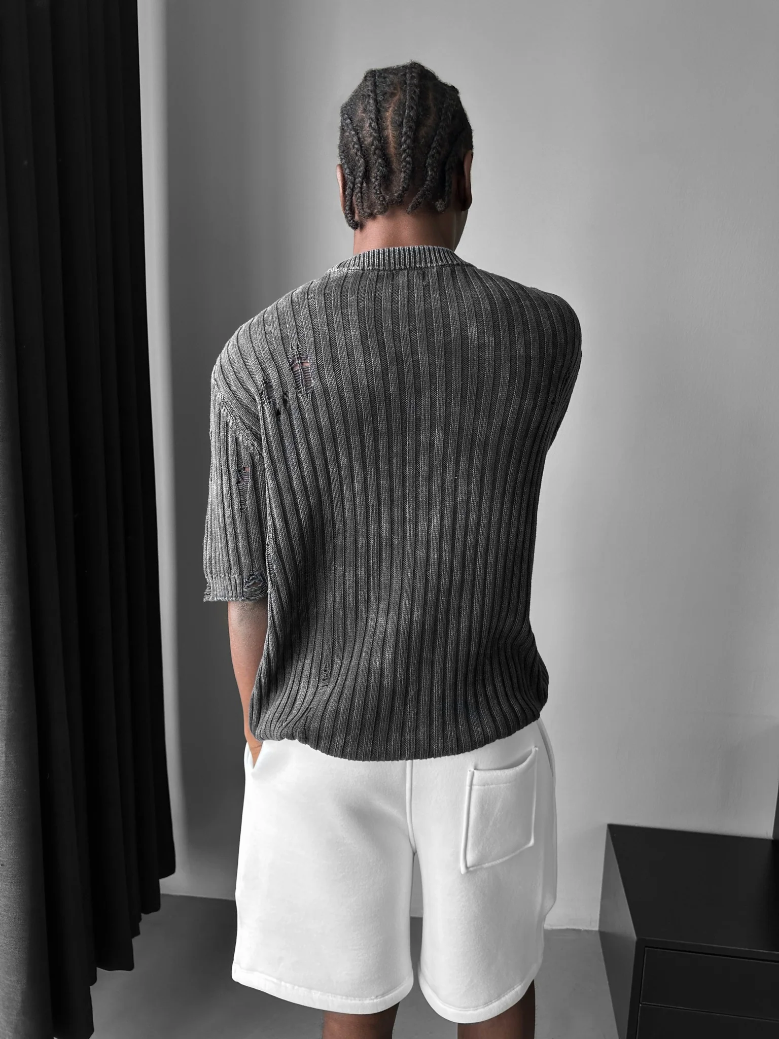 Oversize Torn Washed Knit T-shirt - Black - Image 6