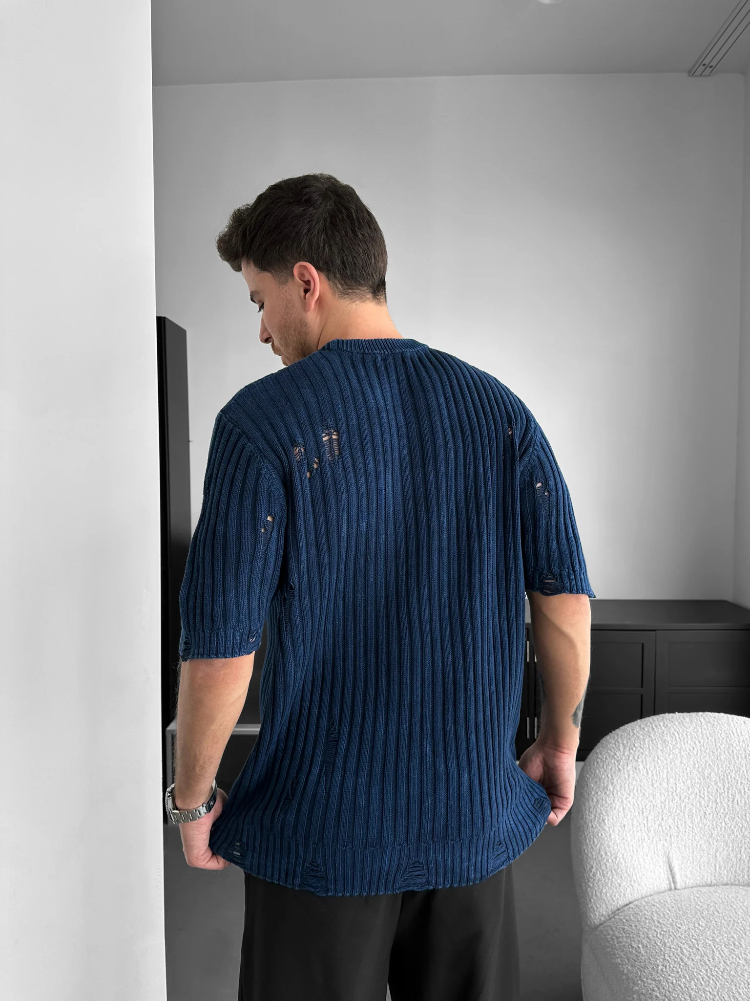 Oversize Torn Washed Knit T-shirt - Blue - Image 3