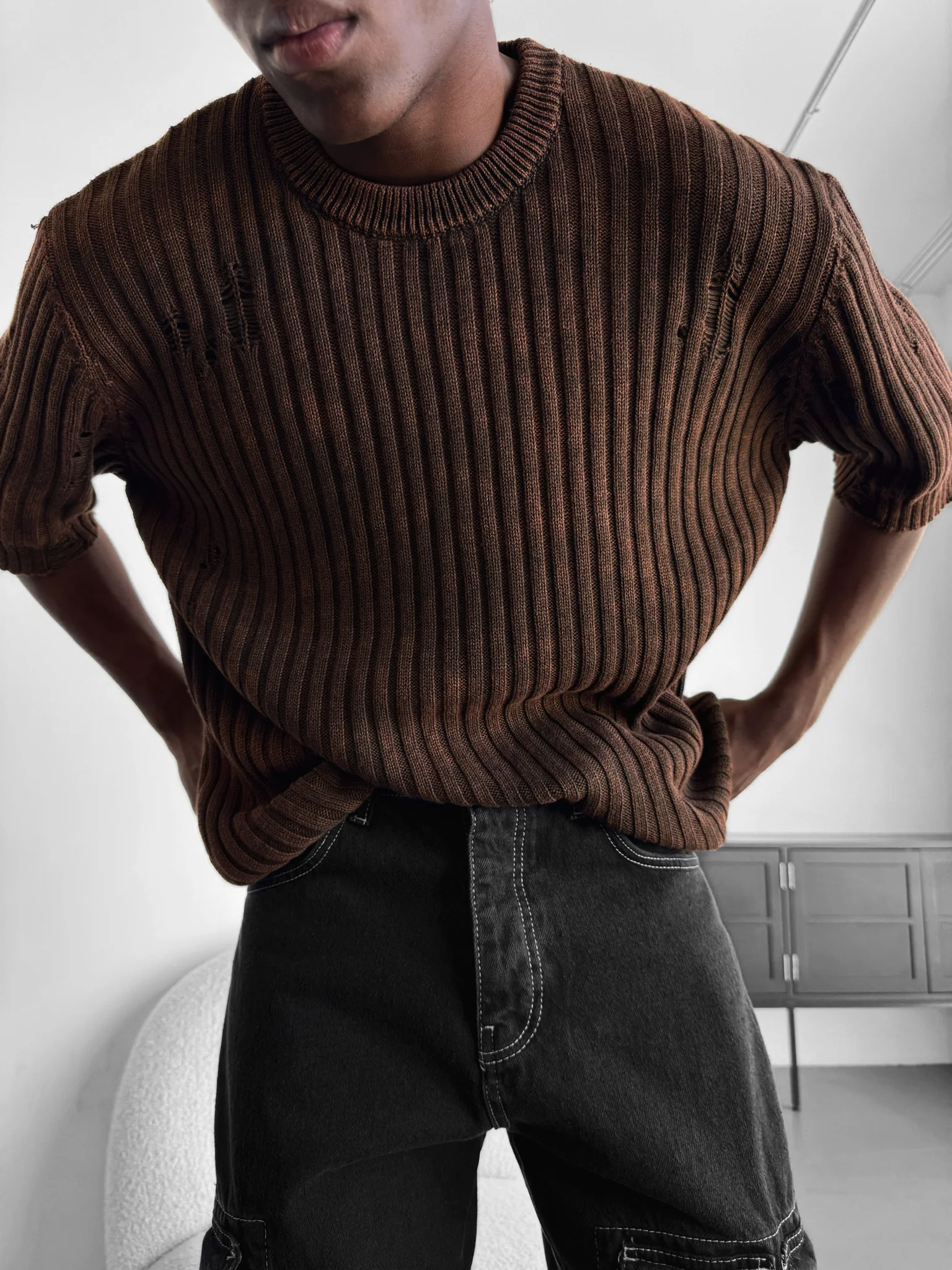 Oversize Torn Washed Knit T-shirt - Brown - Image 2