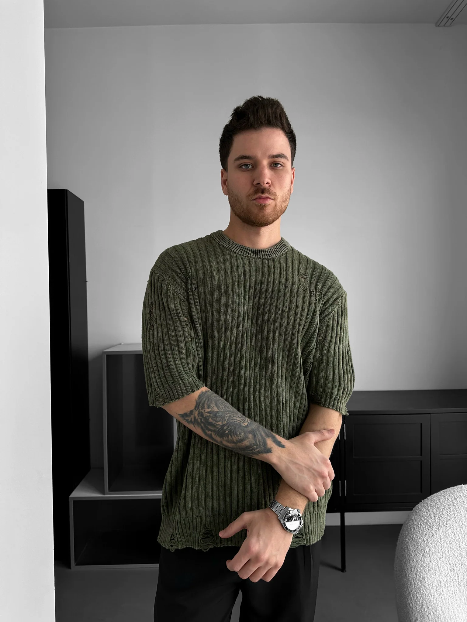 Oversize Torn Washed Knit T-shirt - Khaki