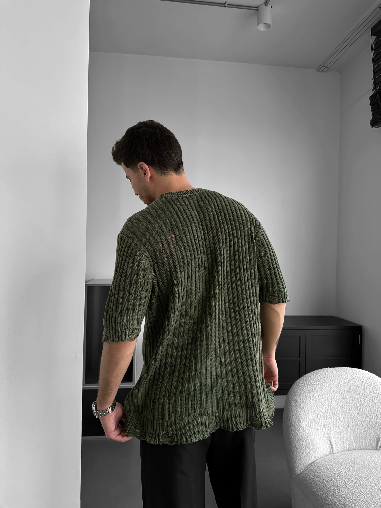 Oversize Torn Washed Knit T-shirt - Khaki - Image 2