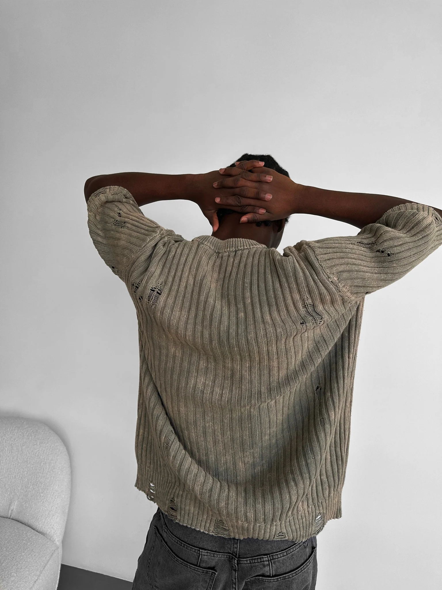 Oversize Torn Washed Knit T-shirt - Stone - Image 2