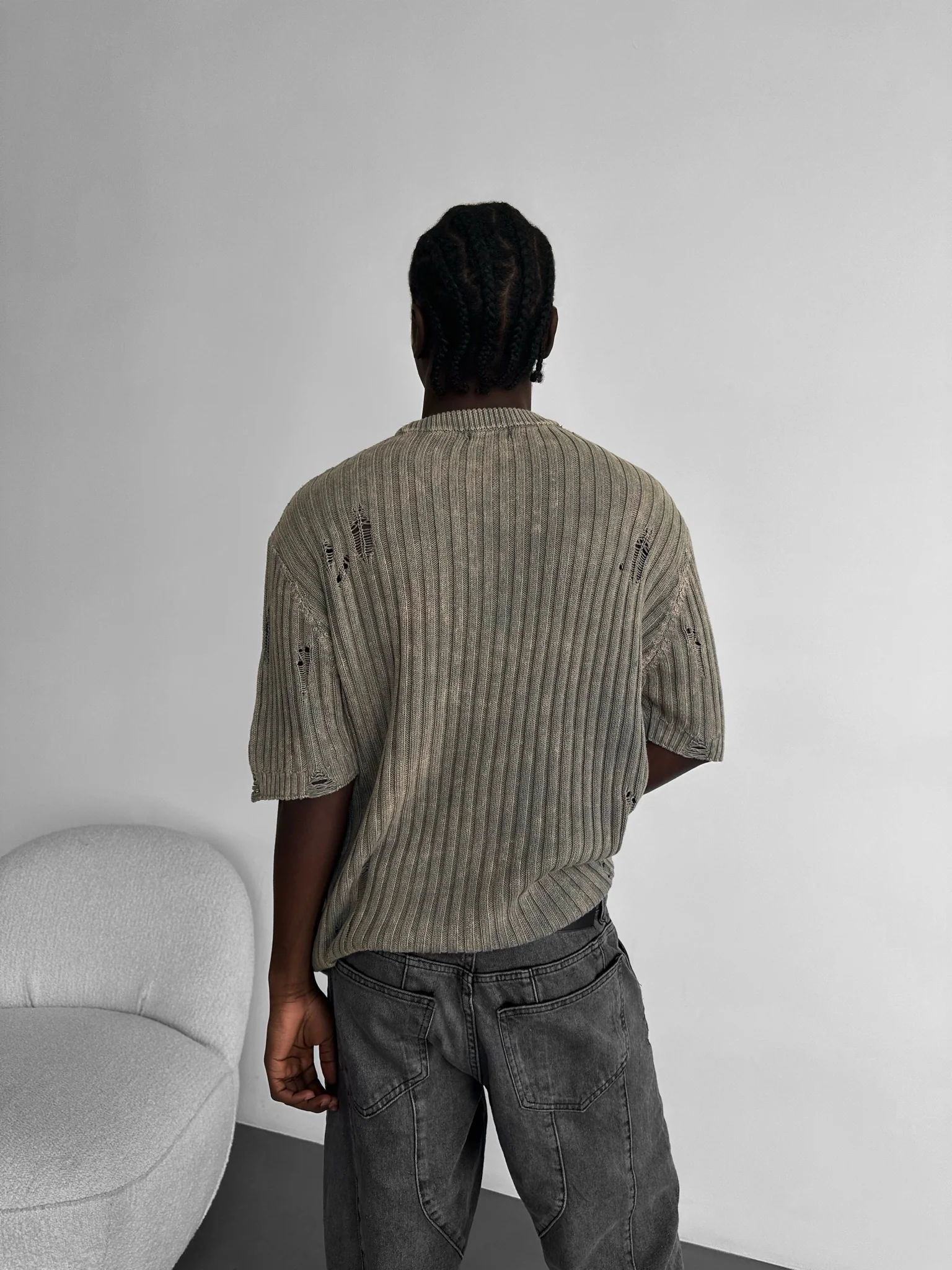 Oversize Torn Washed Knit T-shirt - Stone - Image 4