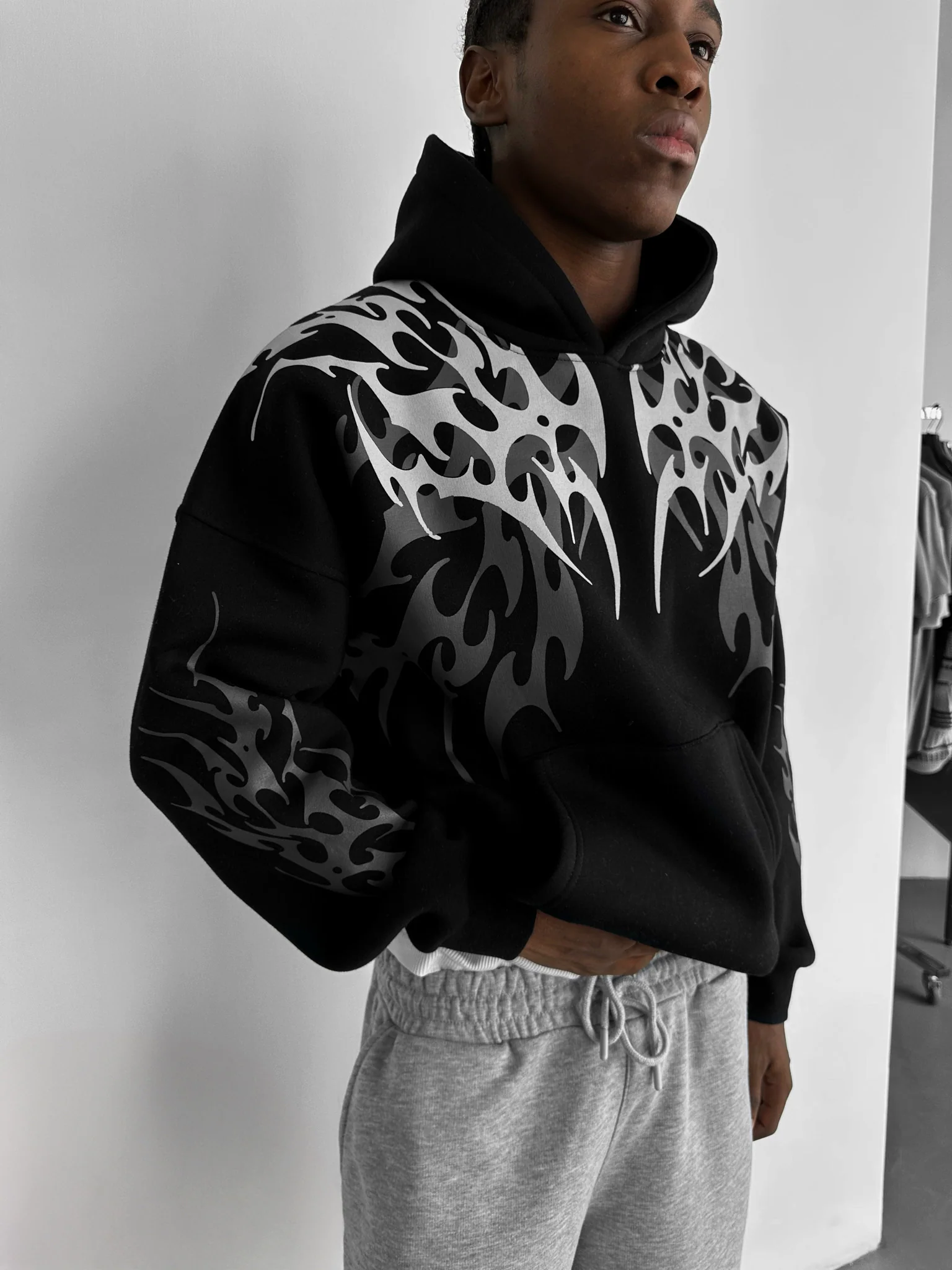 Oversize Tribal Hoodie - Black - Image 2