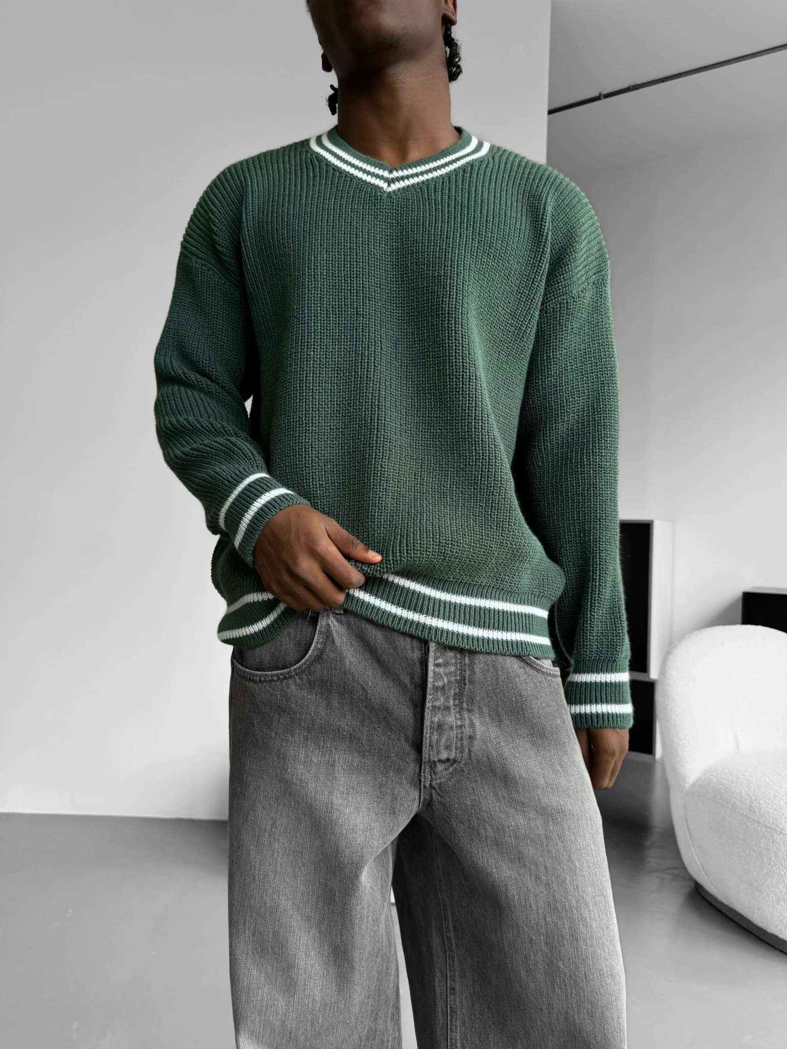 Oversize V Neckline Knit Pullover  - Petrol - Image 2