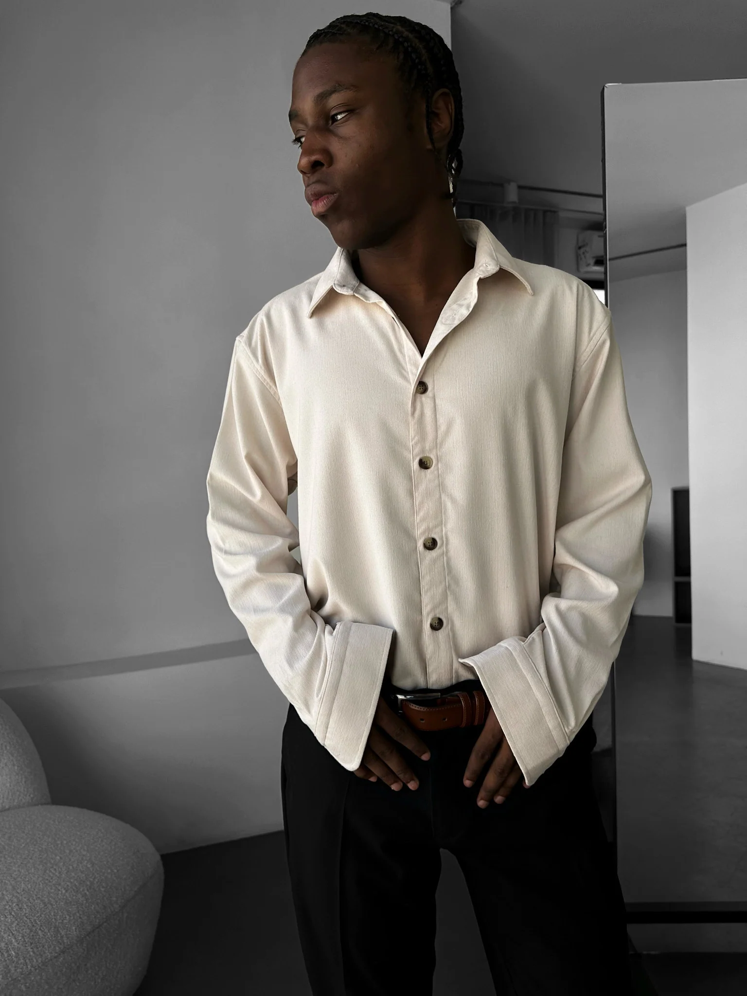 Oversize Velvet Shirt - Beige - Image 3