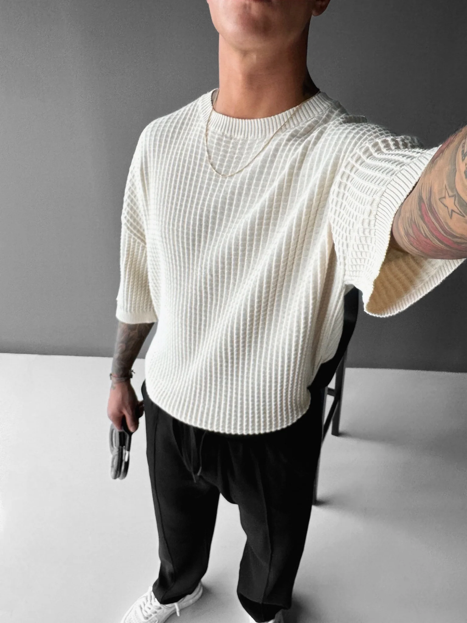 Oversize Waffle T-Shirt - Beige - Image 2