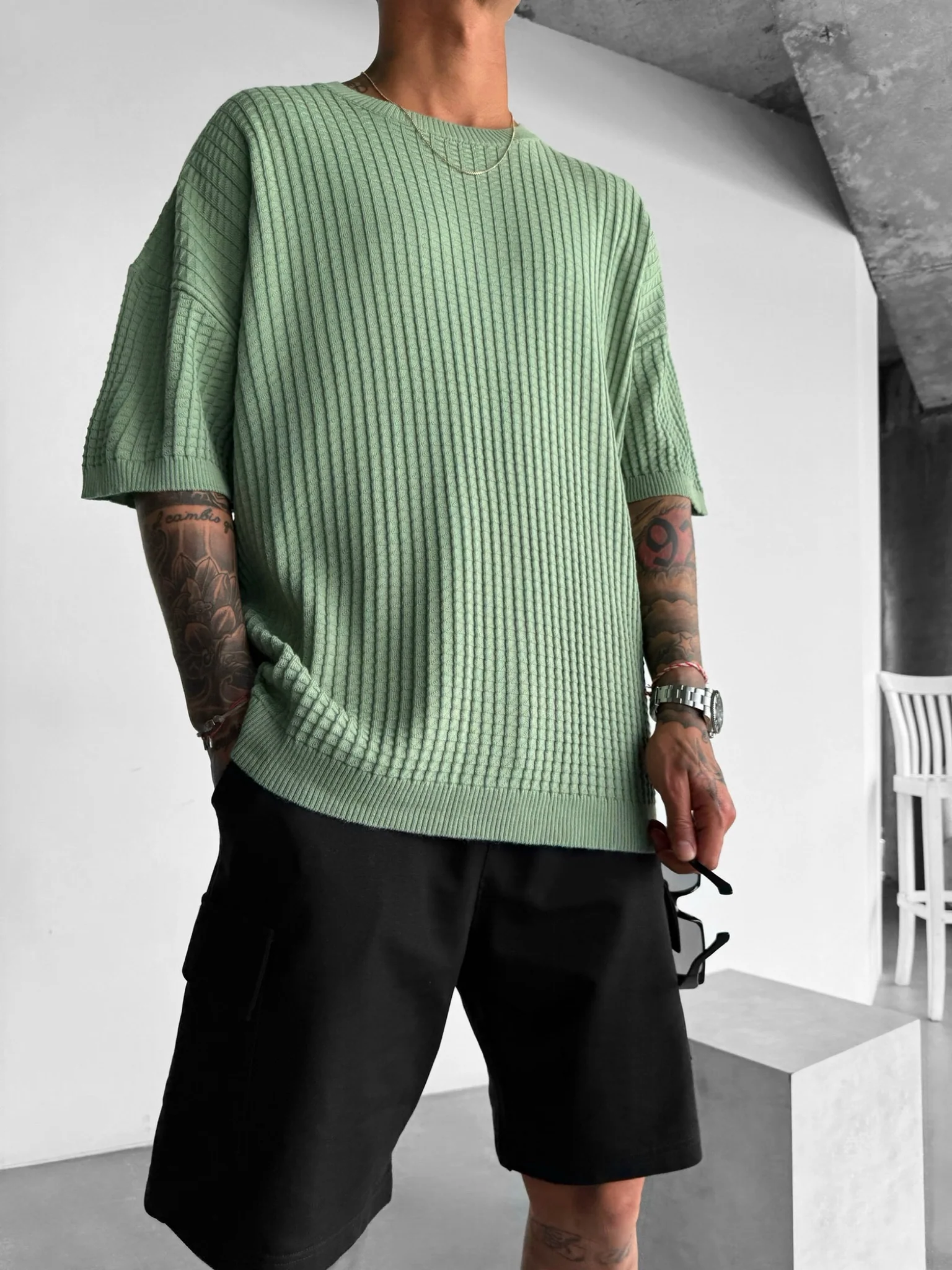 Oversize Waffle T-Shirt - Green - Image 6