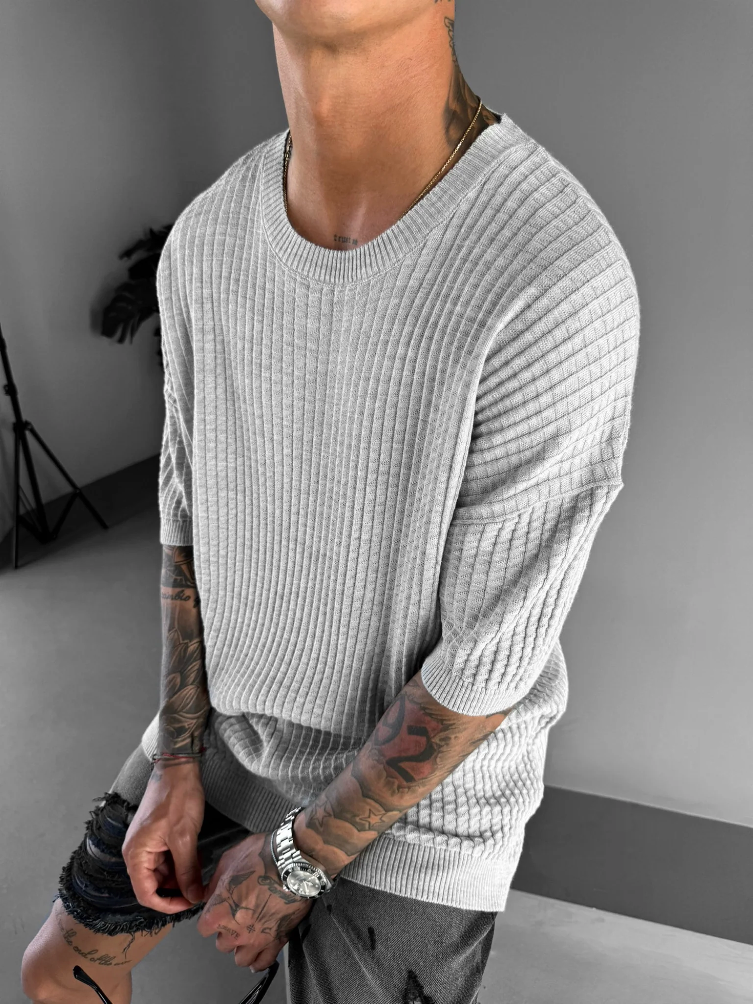 Oversize Waffle T-Shirt - Light Grey - Image 2