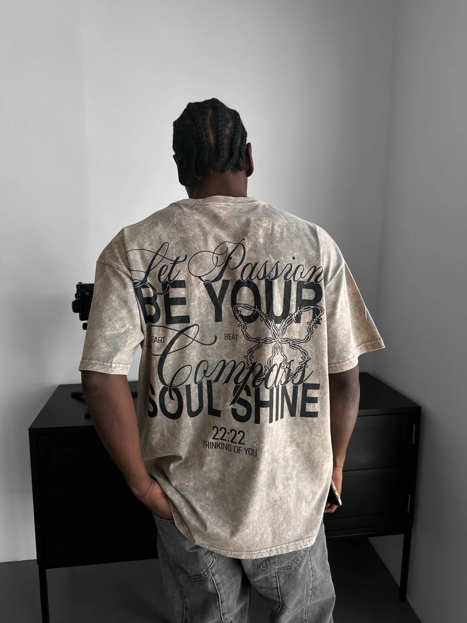 Oversize Washed 'Be your Soul Shine' T-Shirt - Stone - Image 3