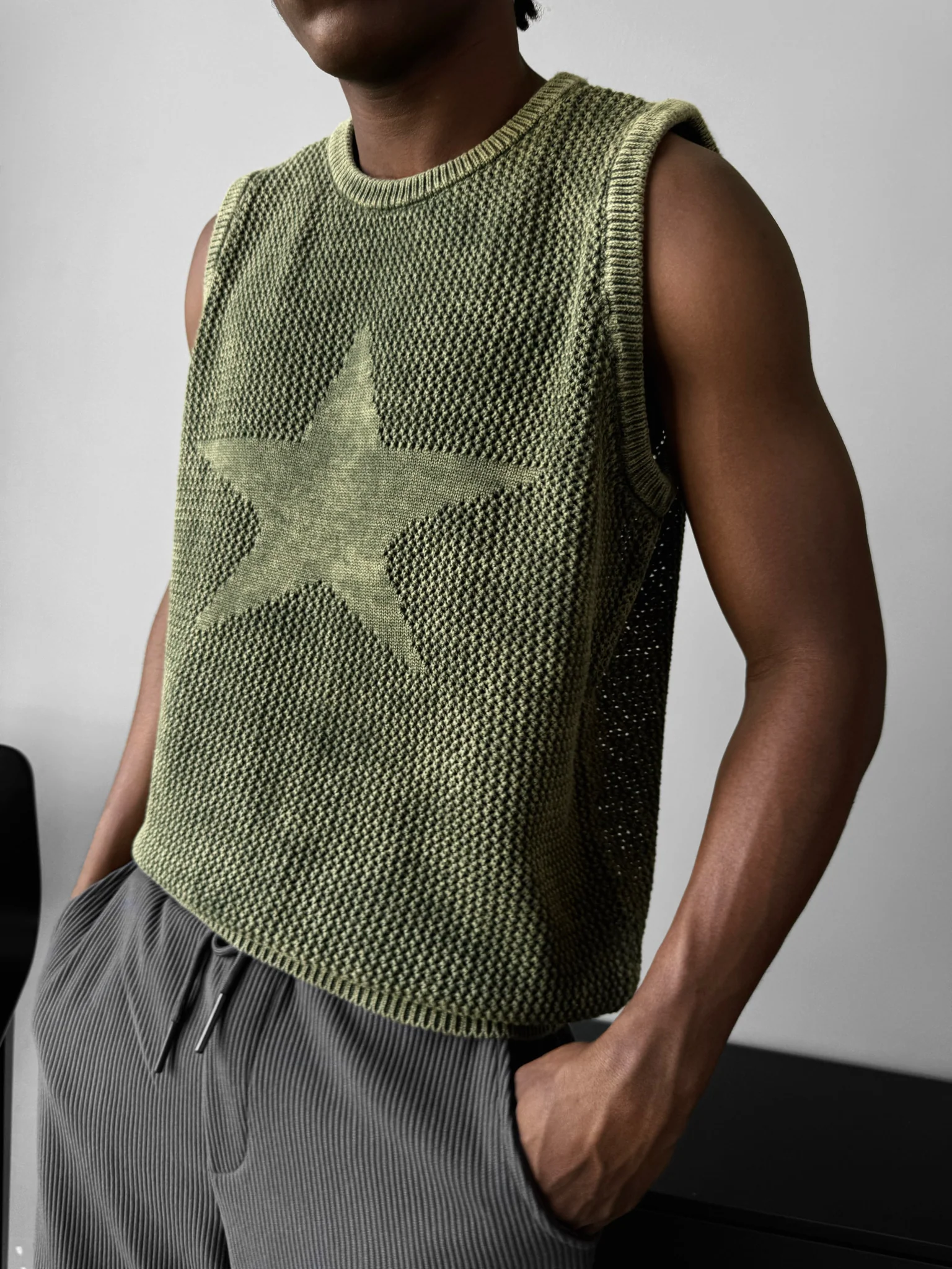 Oversize Washed Knit Star Tanktop - Khaki
