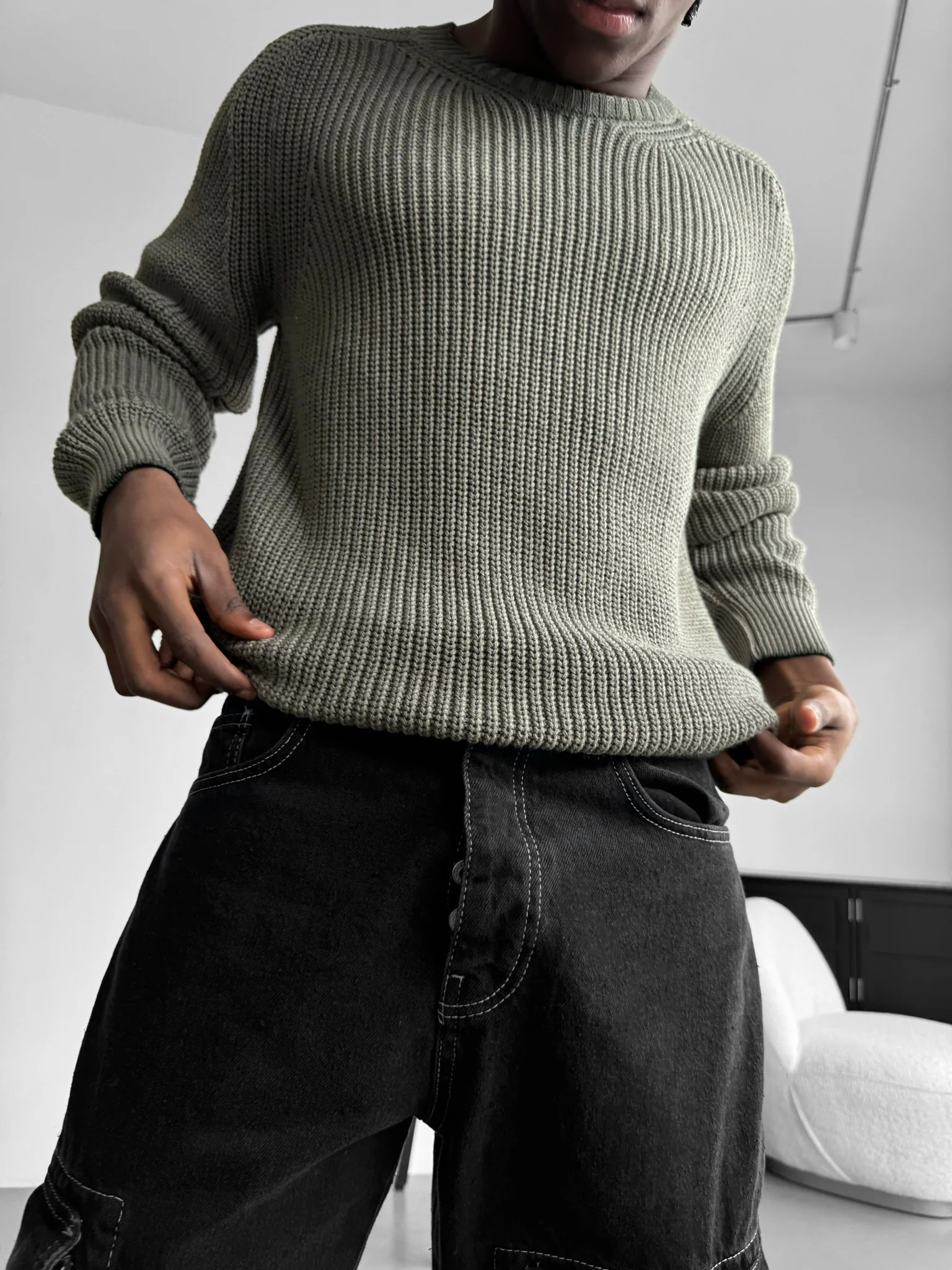 Oversize Washed Knit Sweater - Khaki - Image 2