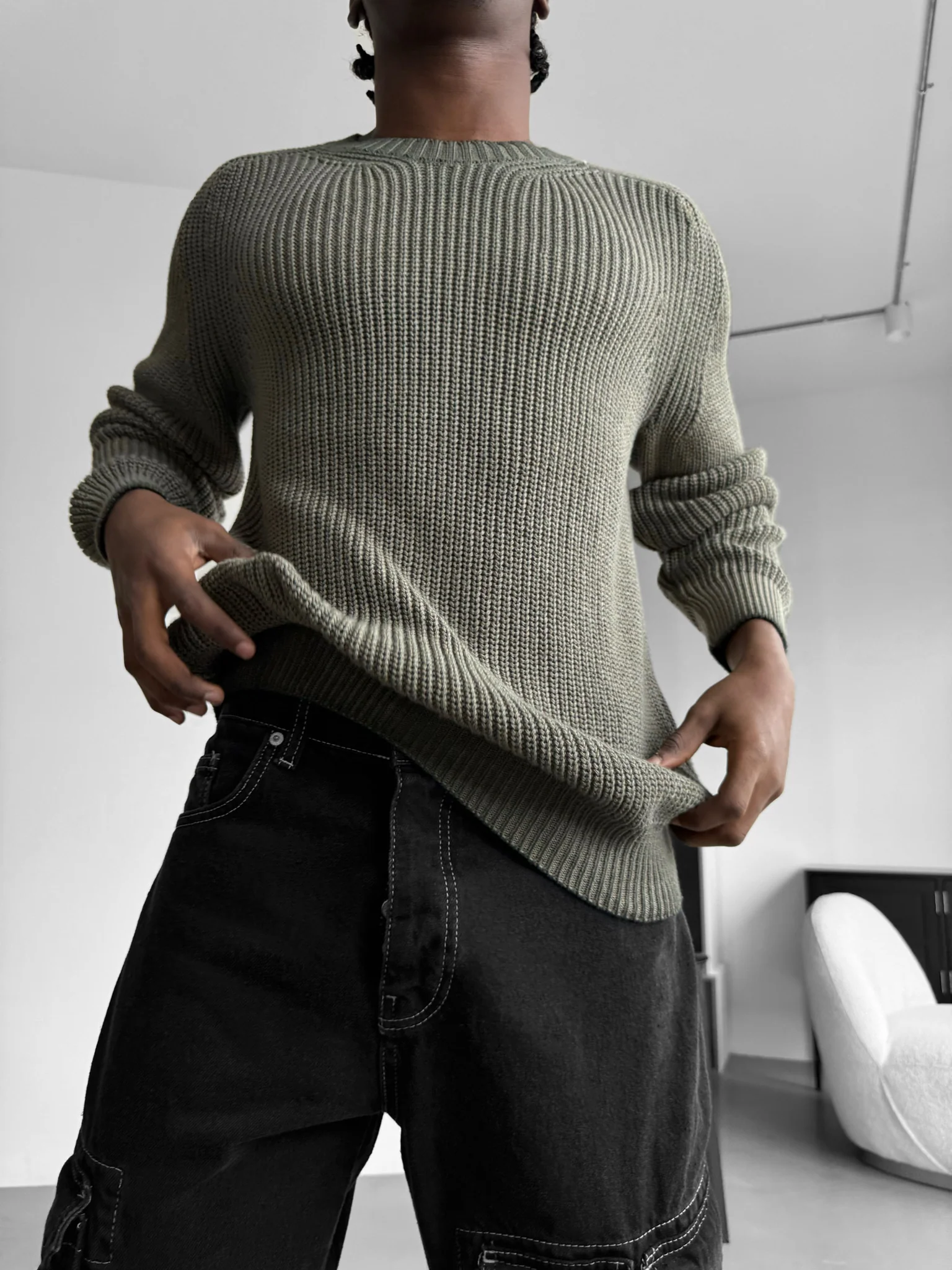 Oversize Washed Knit Sweater - Khaki - Image 3