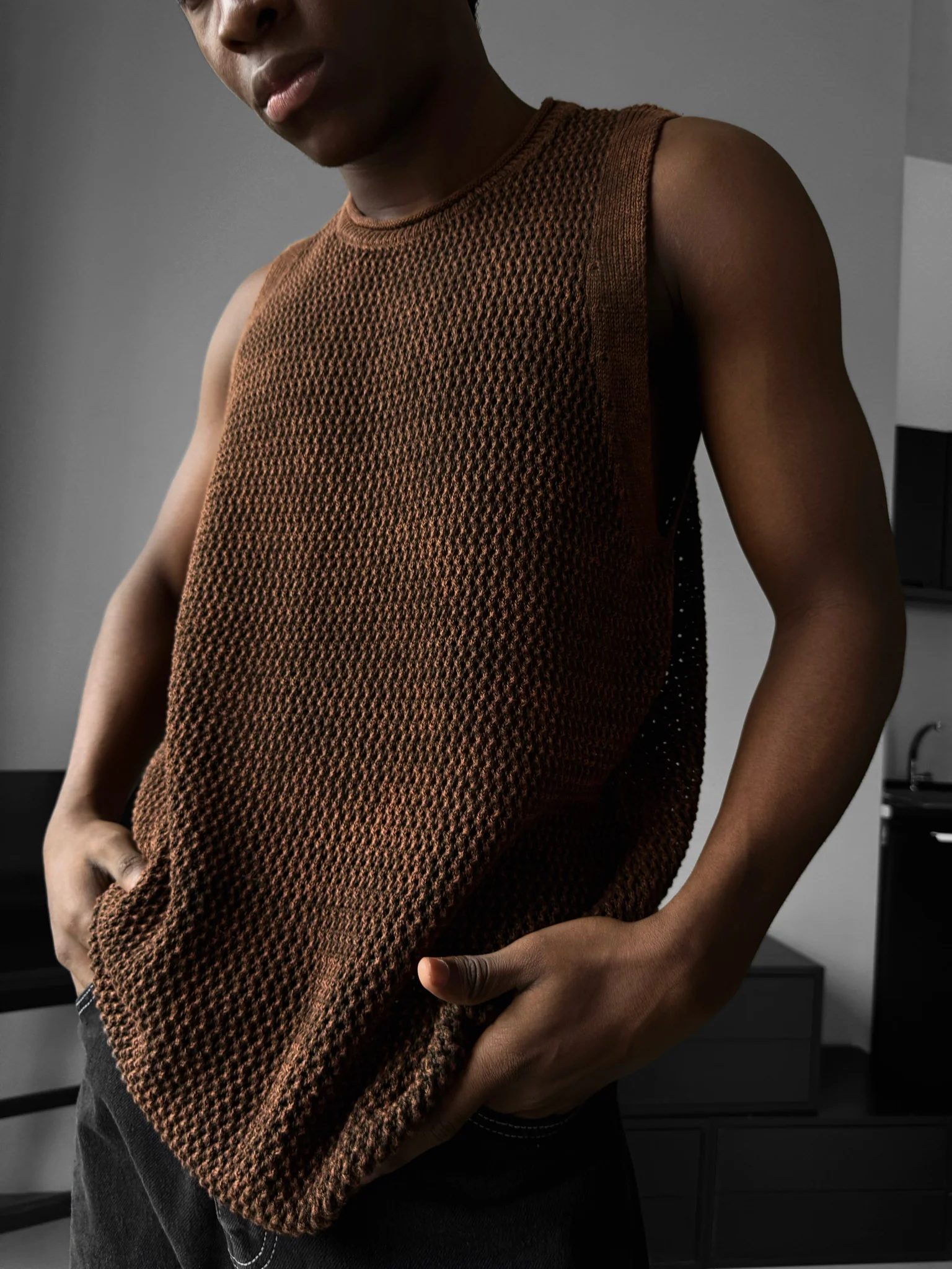 Oversize Washed Knit Tanktop - Brown - Image 3