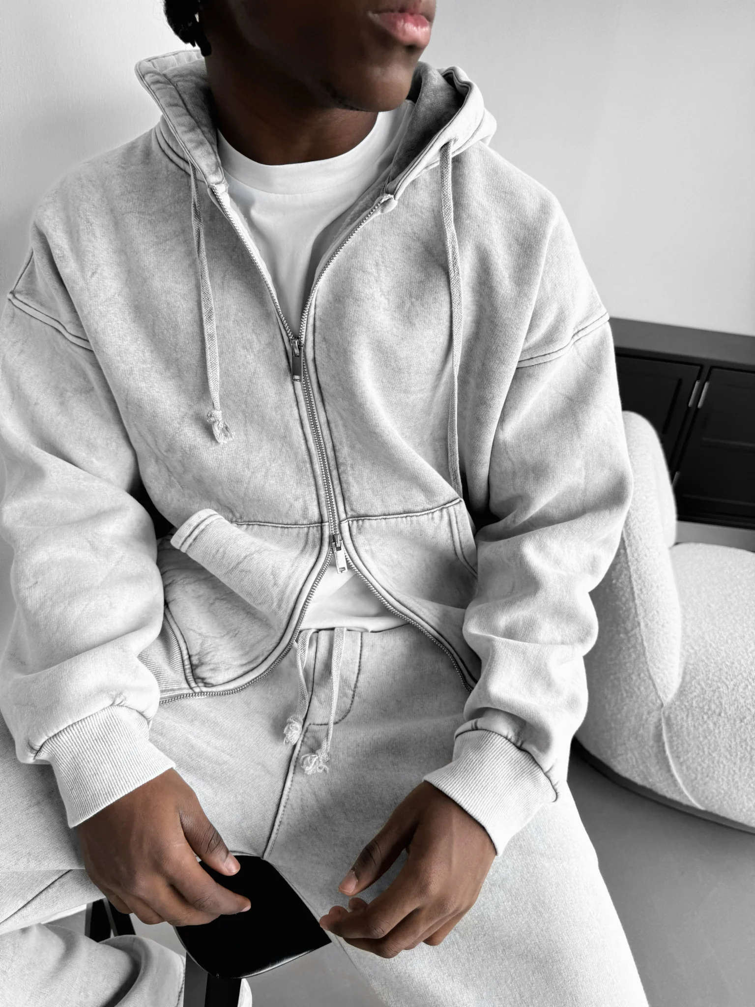 Oversize Washed Zipper Hoodie - Grey - Image 3