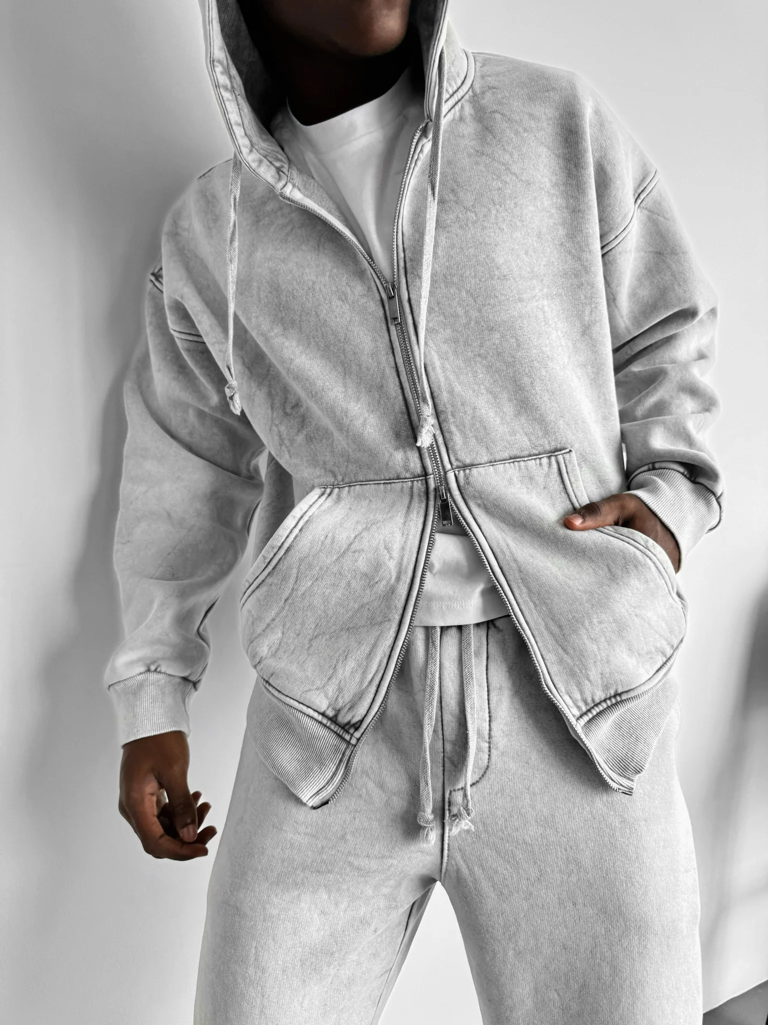 Oversize Washed Zipper Hoodie - Grey - Image 4