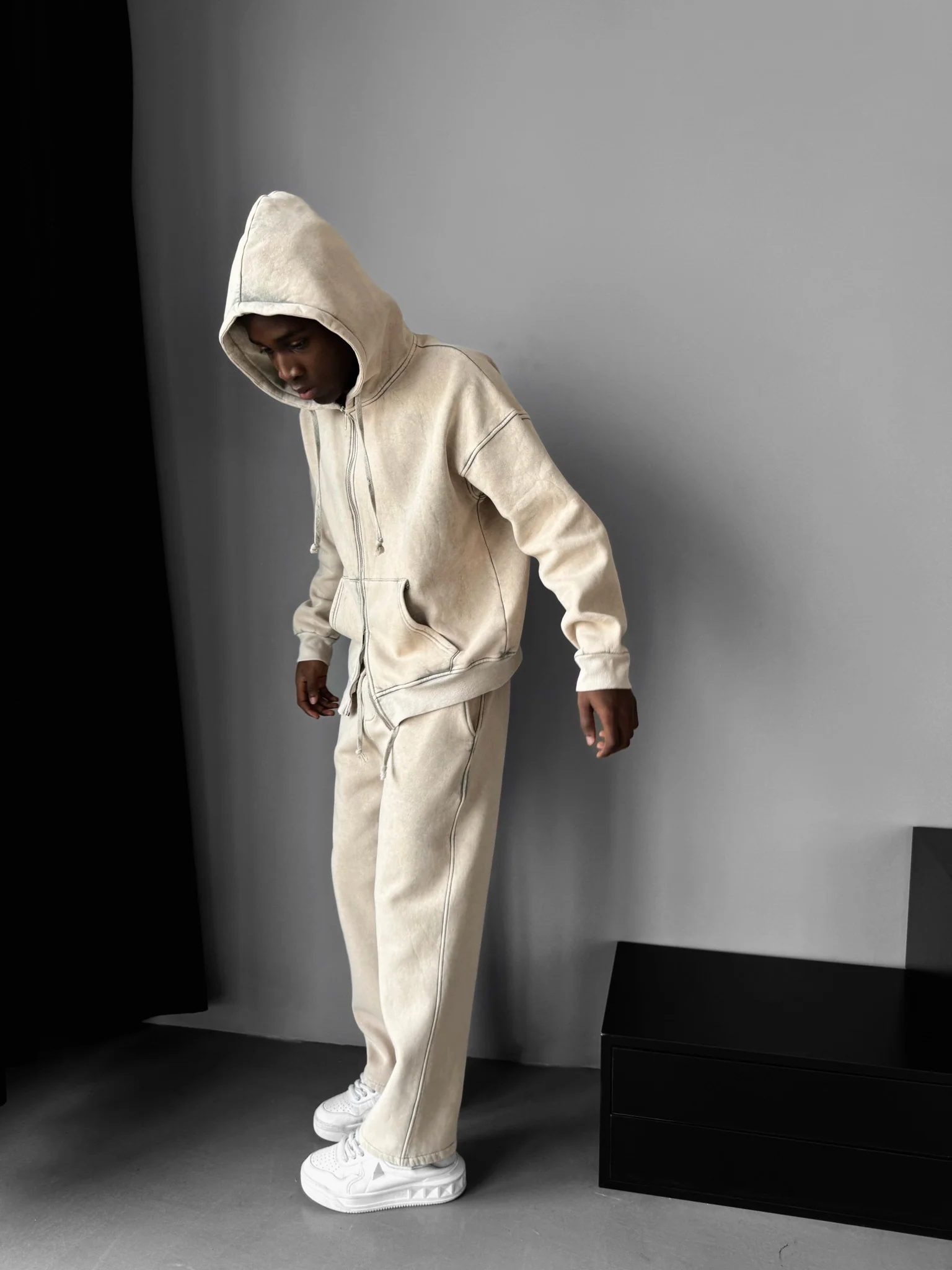 Oversize Washed Zipper Hoodie - Stone - Image 2
