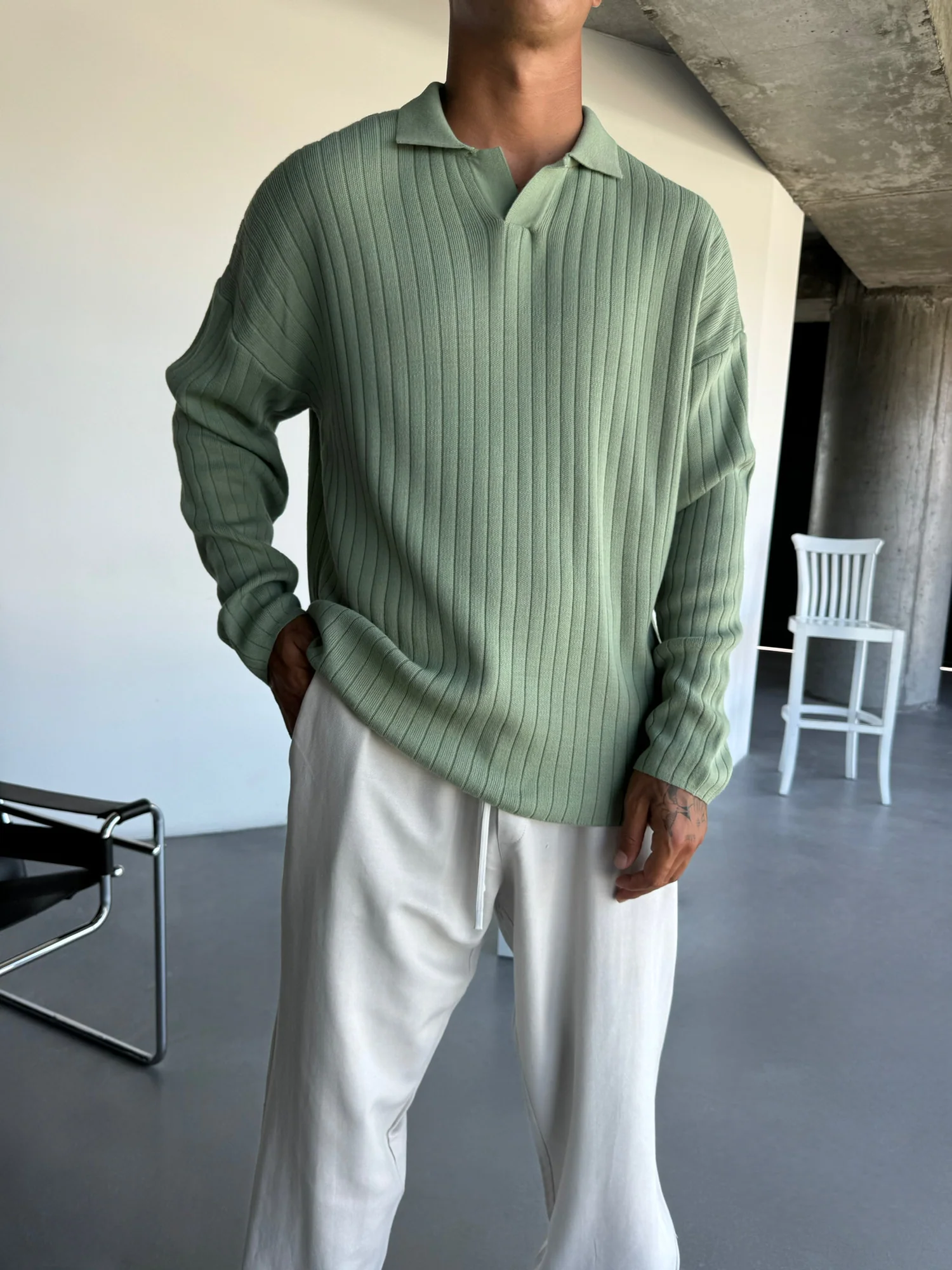 Oversize Wide Ribbed Long Arm Knit Polo Sweatshirt - Grass - Image 2