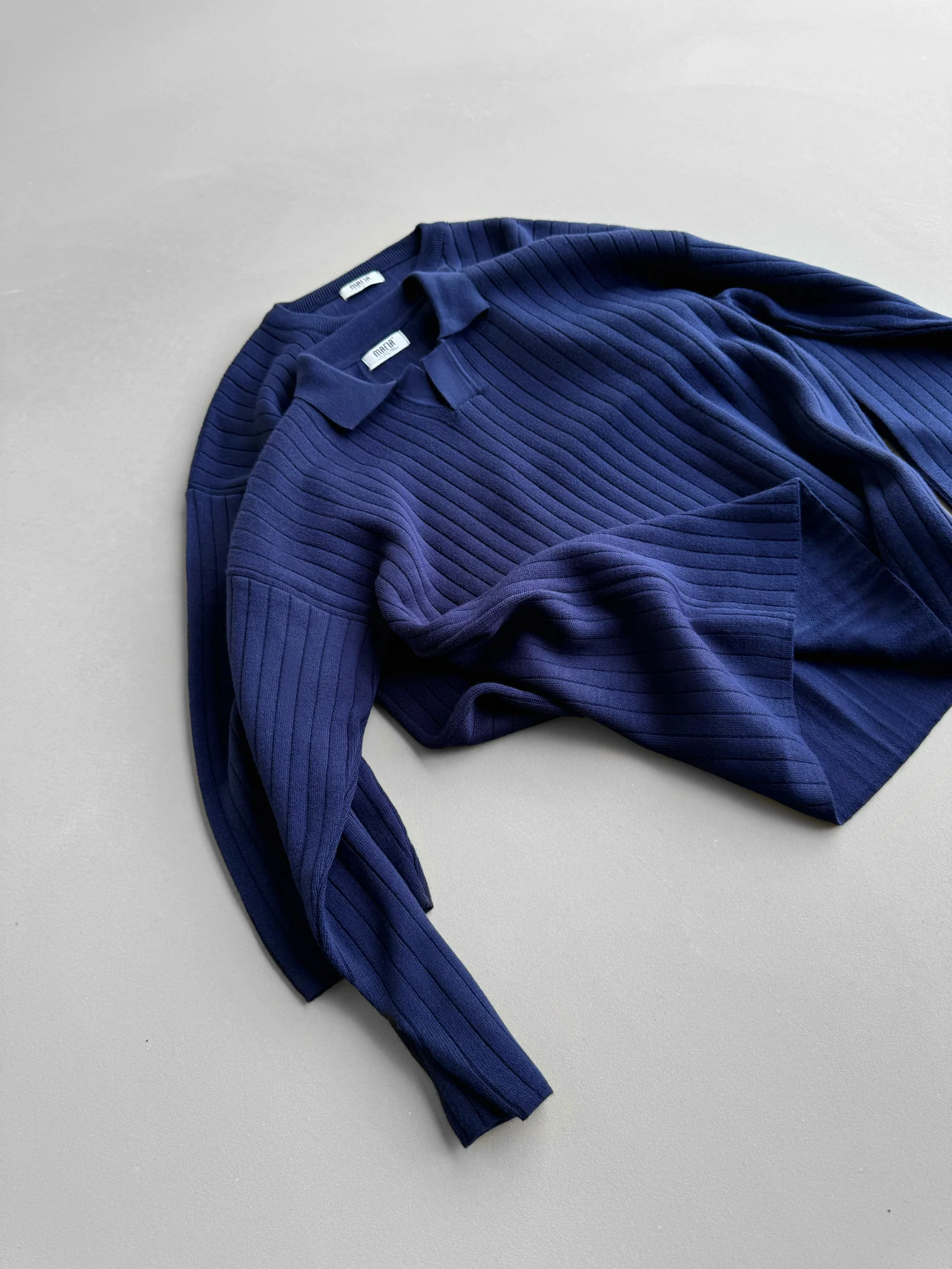 Oversize Wide Ribbed Long Arm Knit Polo Sweatshirt - Navy Blue - Image 2