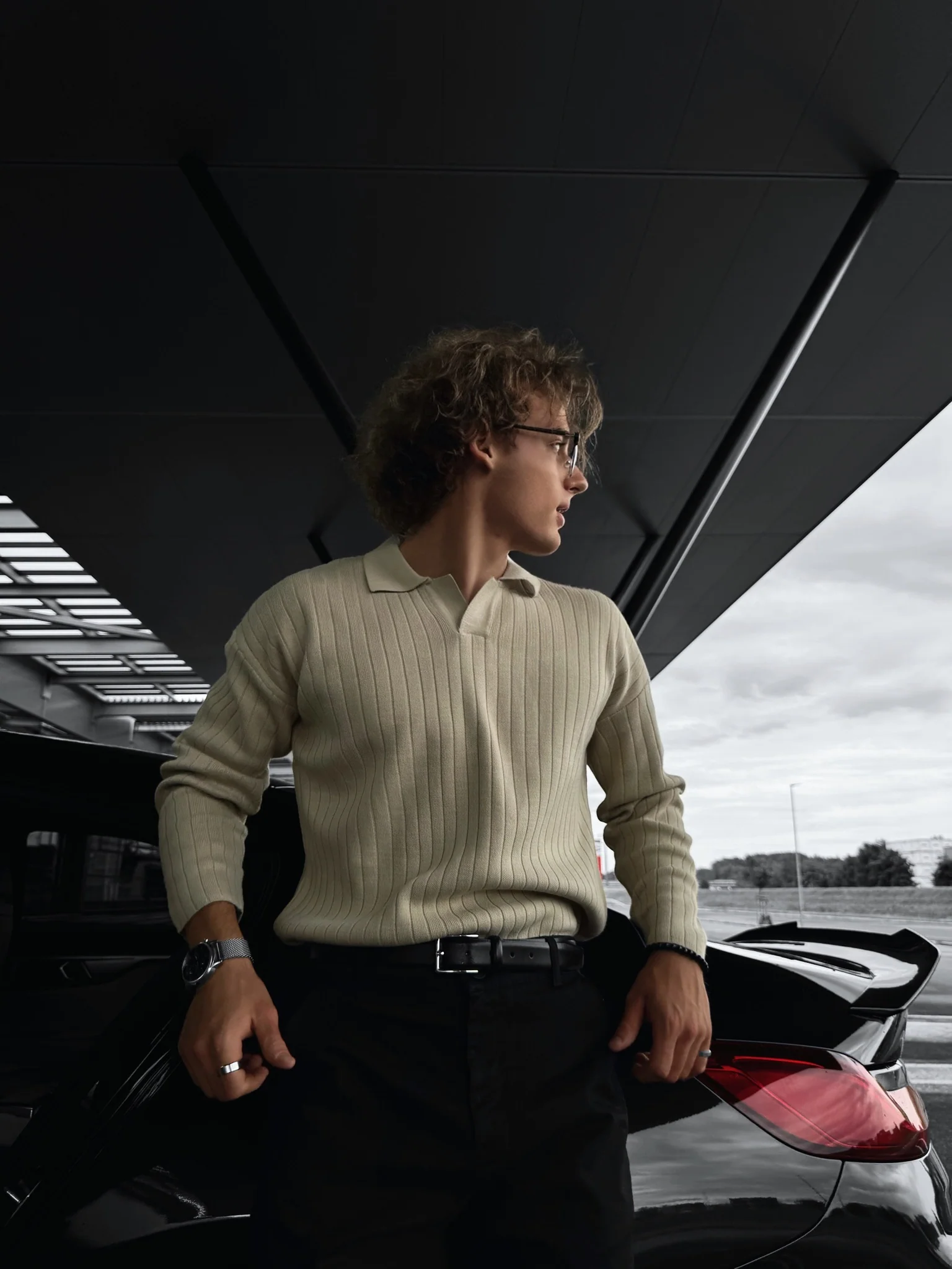 Oversize Wide Ribbed Long Arm Knit Polo Sweatshirt - Stone