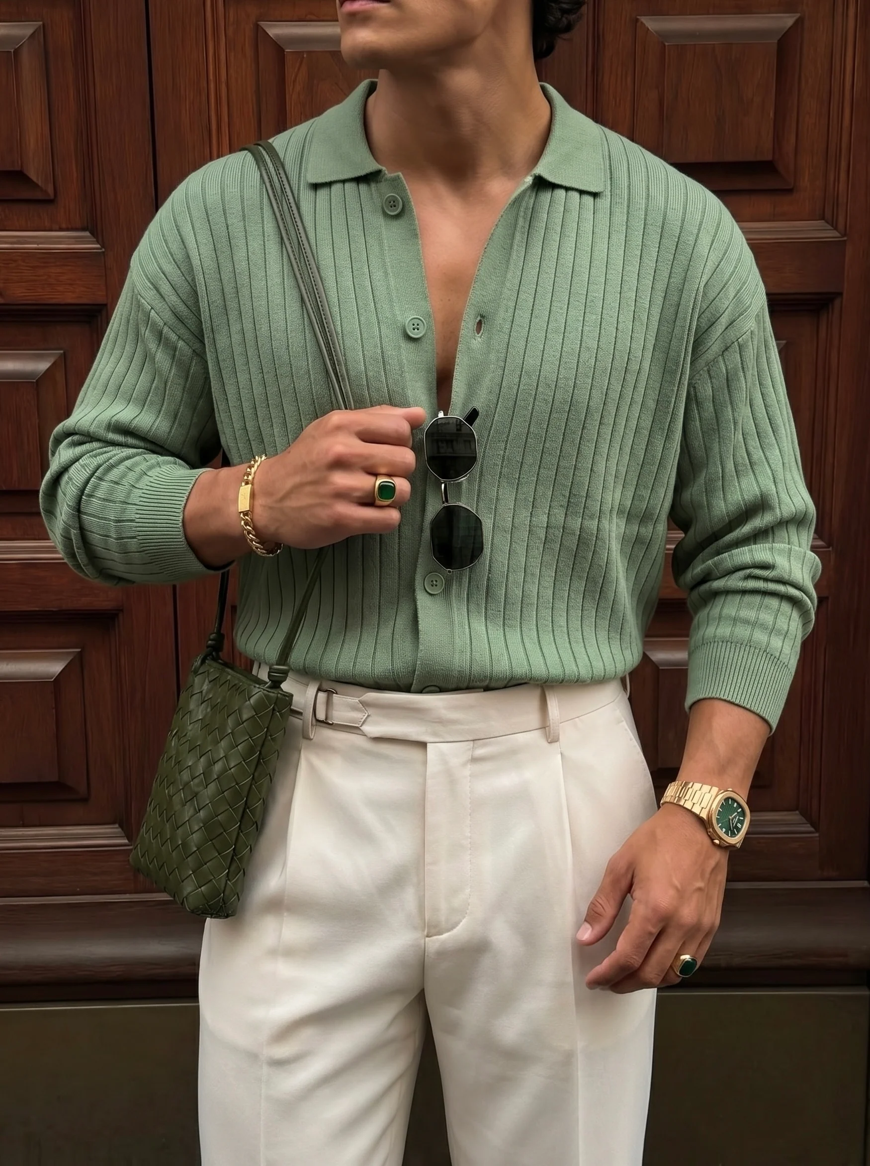 Oversize Wide Ribbed Long Arm Knit Shirt - Grass