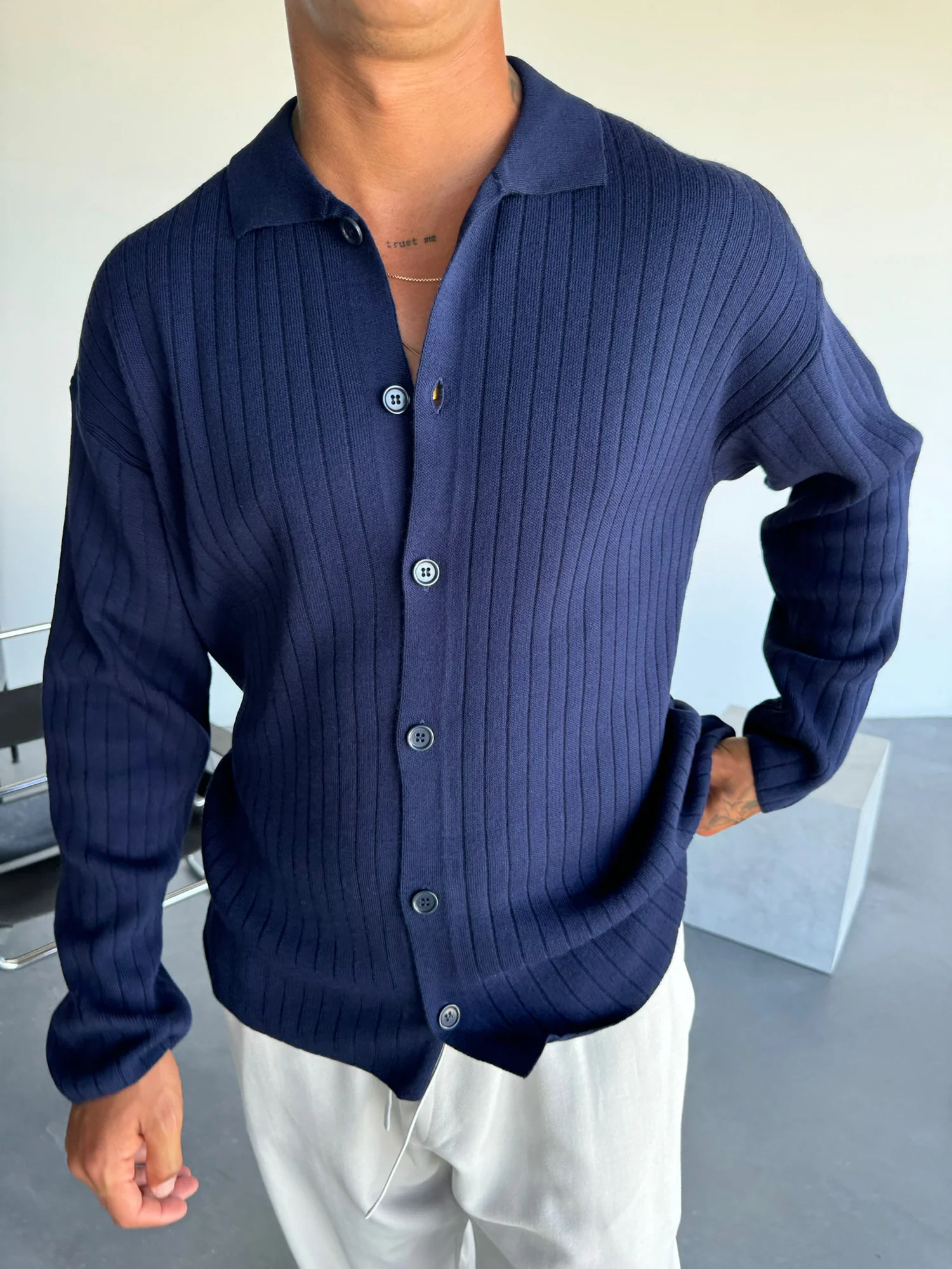 Oversize Wide Ribbed Long Arm Knit Shirt - Navy Blue - Image 3