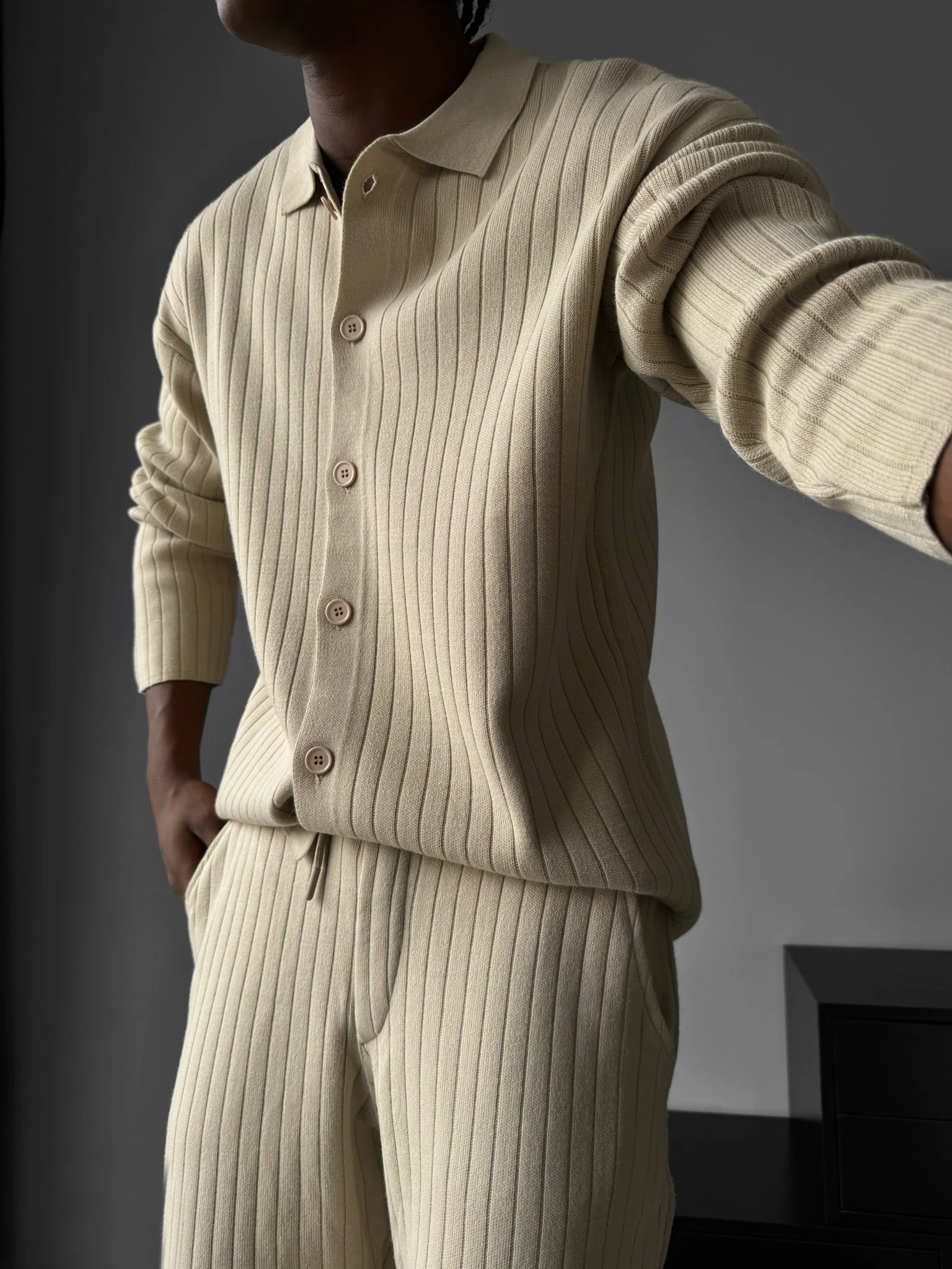 Oversize Wide Ribbed Long Arm Knit Shirt - Stone - Image 2
