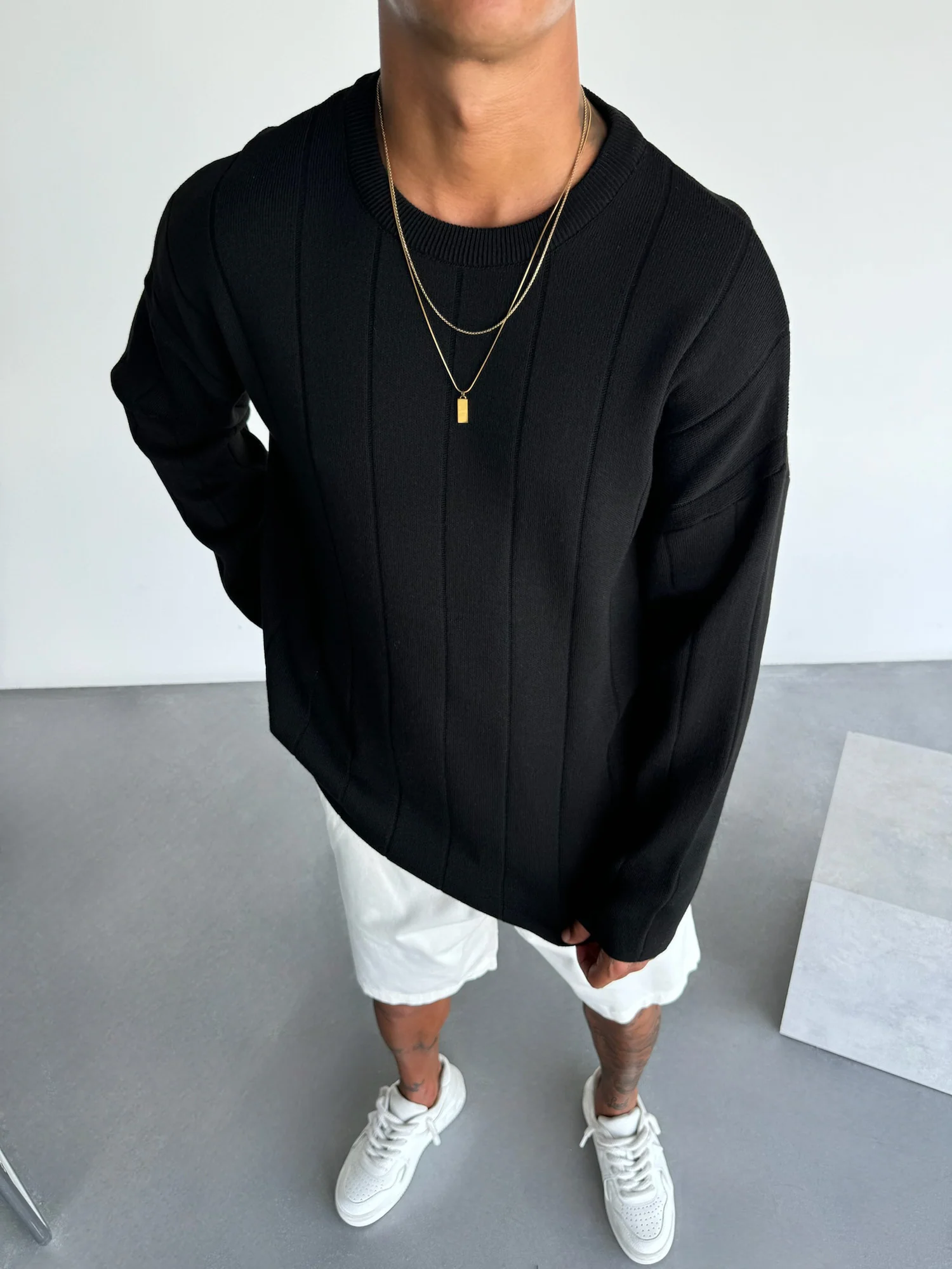 Oversize Lines Knit Sweatshirt - Black - Image 2