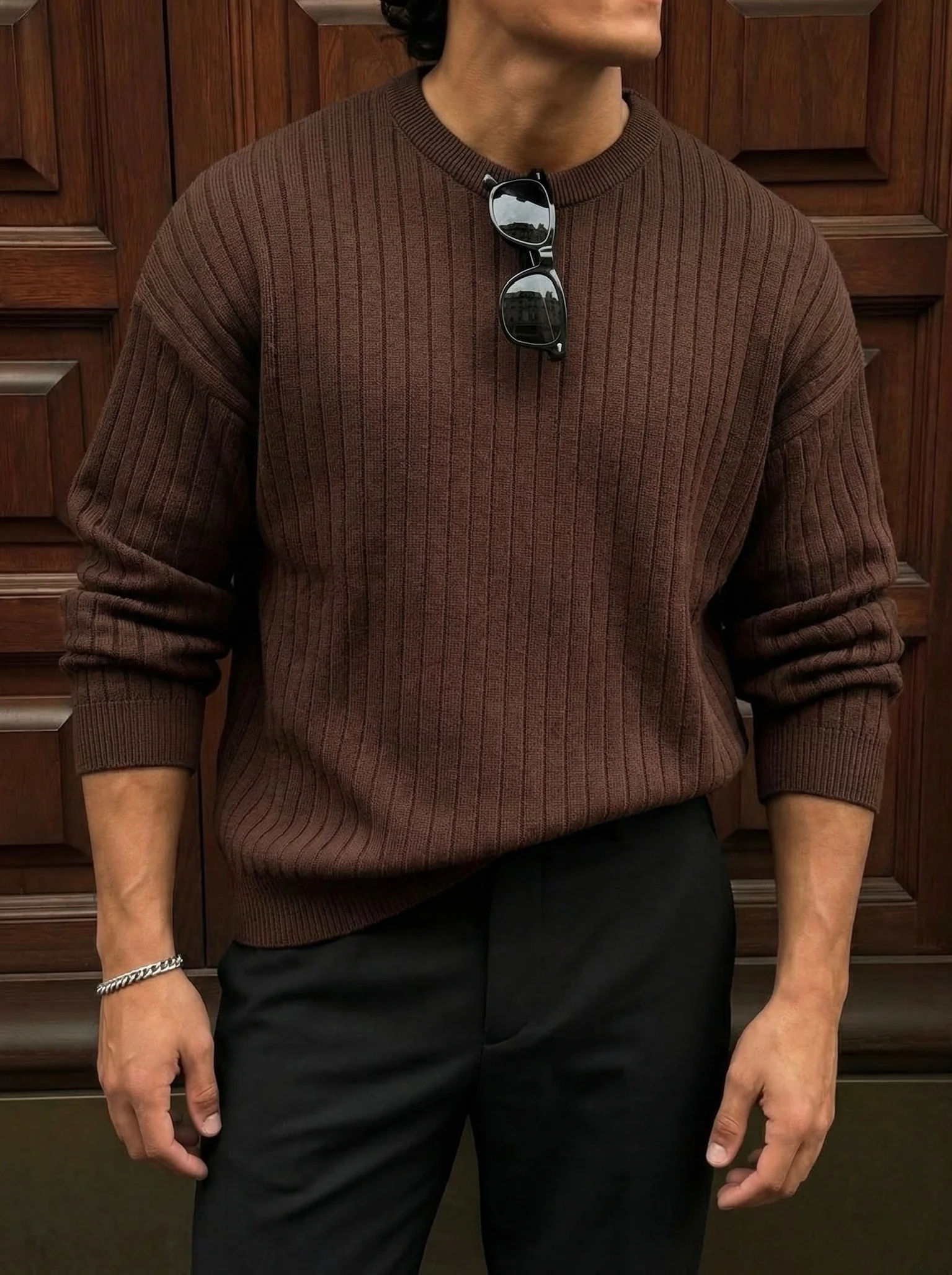 Oversize Wide Ribbed Long Arm Knit Sweatshirt - Dark Brown