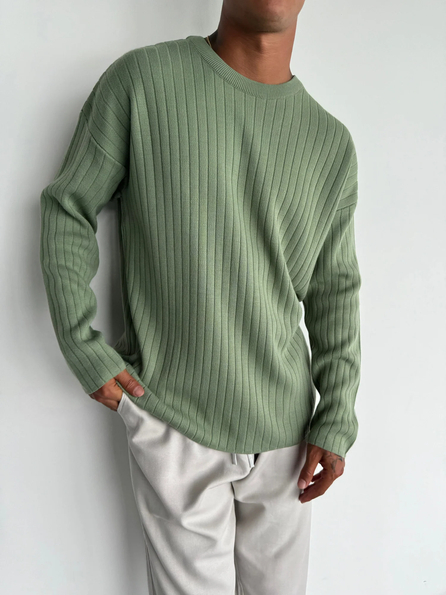 Oversize Wide Ribbed Long Arm Knit Sweatshirt - Grass - Image 2