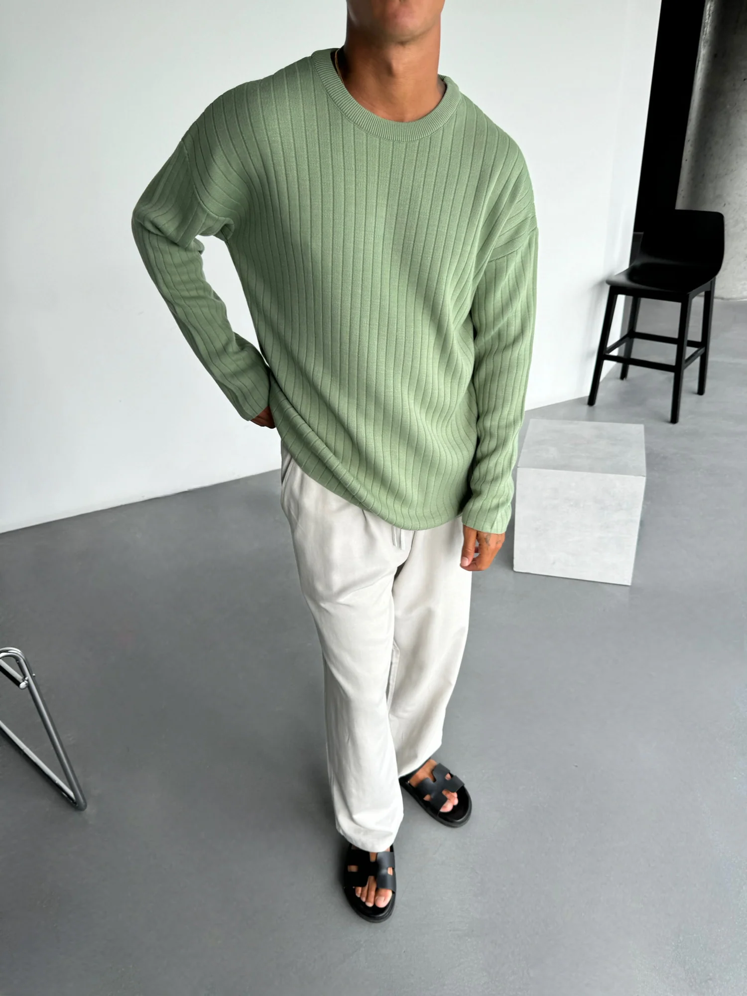 Oversize Wide Ribbed Long Arm Knit Sweatshirt - Grass - Image 3