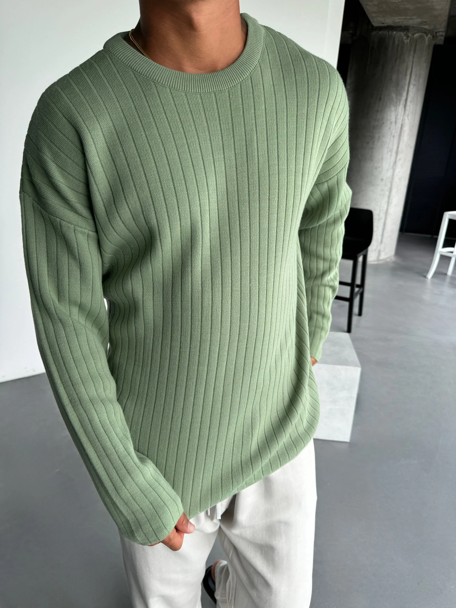 Oversize Wide Ribbed Long Arm Knit Sweatshirt - Grass - Image 4
