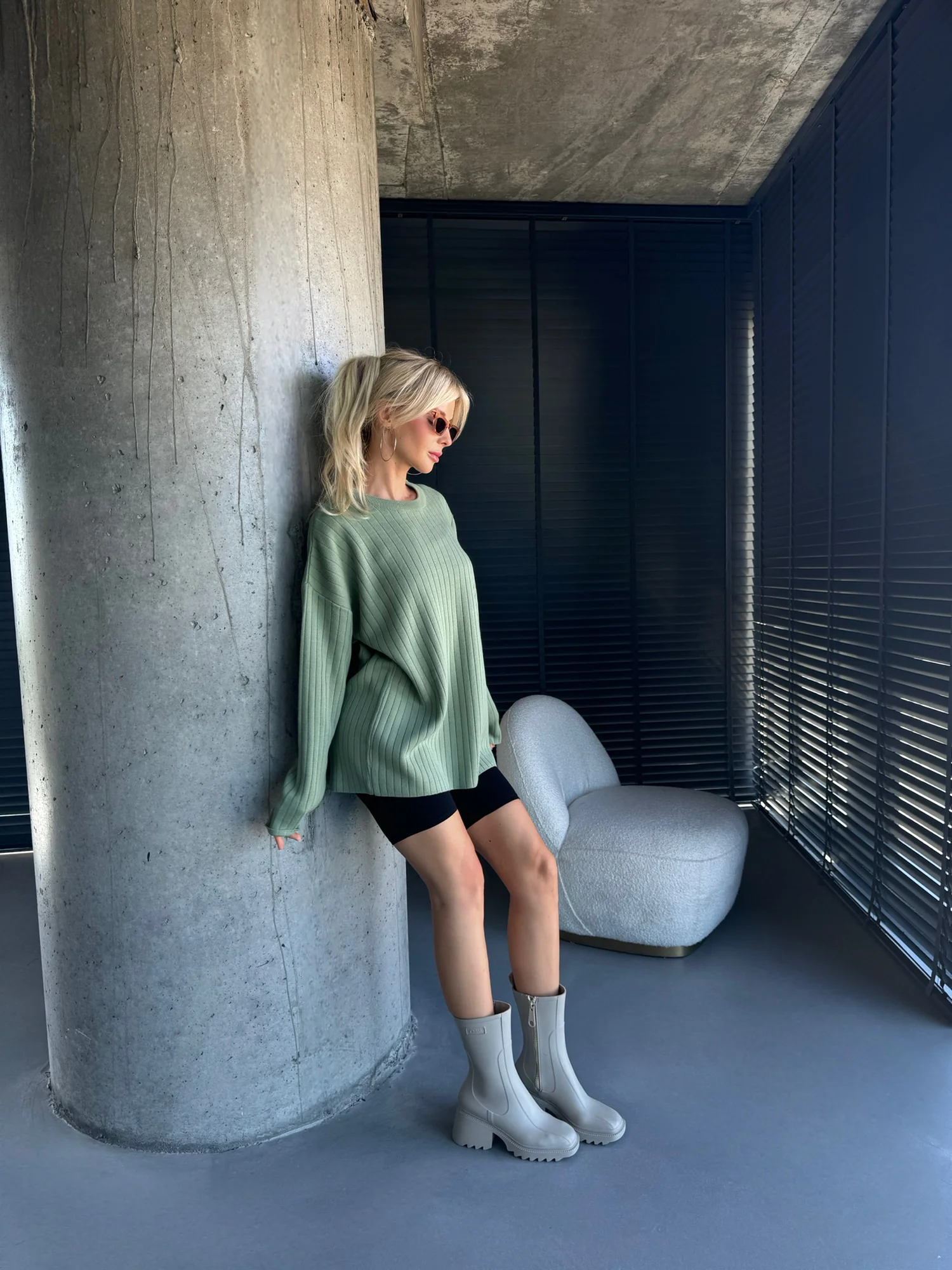Oversize Wide Ribbed Long Arm Knit Sweatshirt - Grass - Image 6