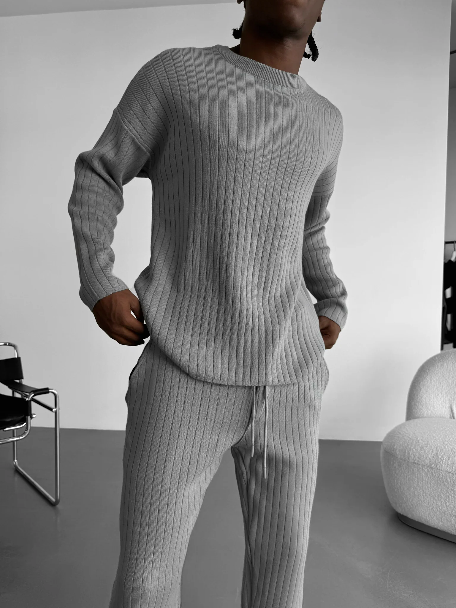Oversize Wide Ribbed Long Arm Knit Sweatshirt - Grey - Image 3