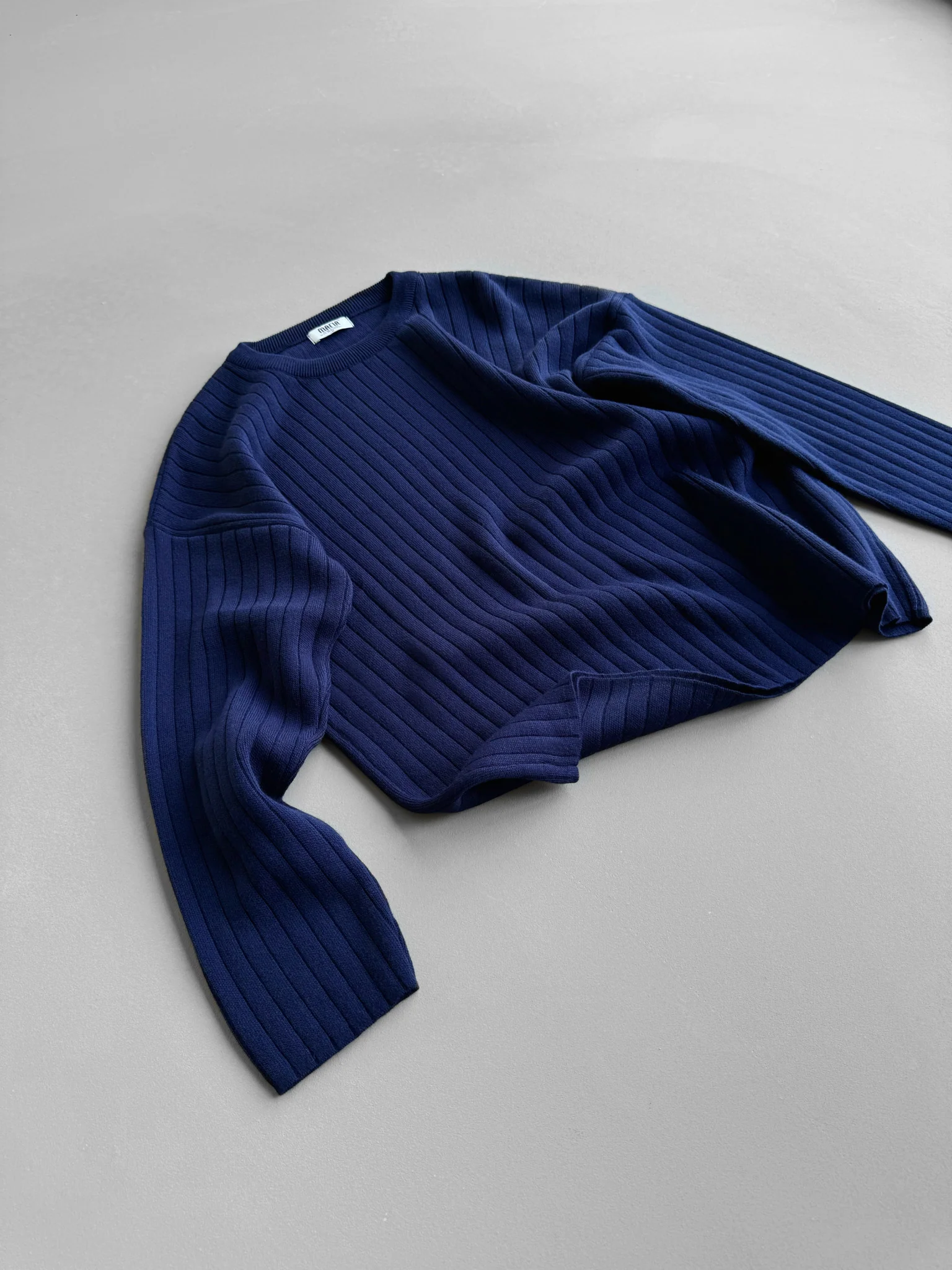 Oversize Wide Ribbed Long Arm Knit Sweatshirt - Navy Blue - Image 2