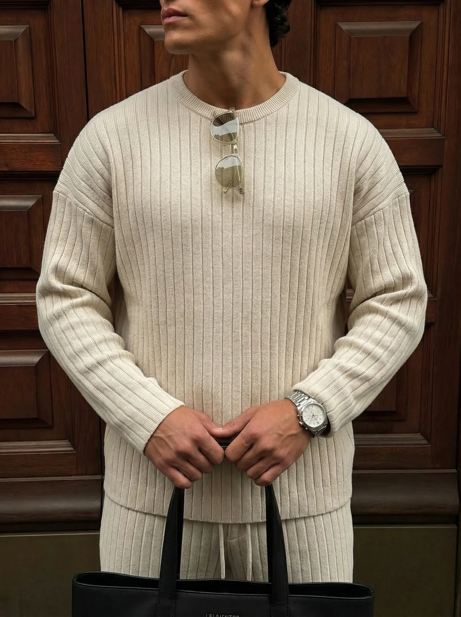 Oversize Wide Ribbed Long Arm Knit Sweatshirt - Stone - Image 2