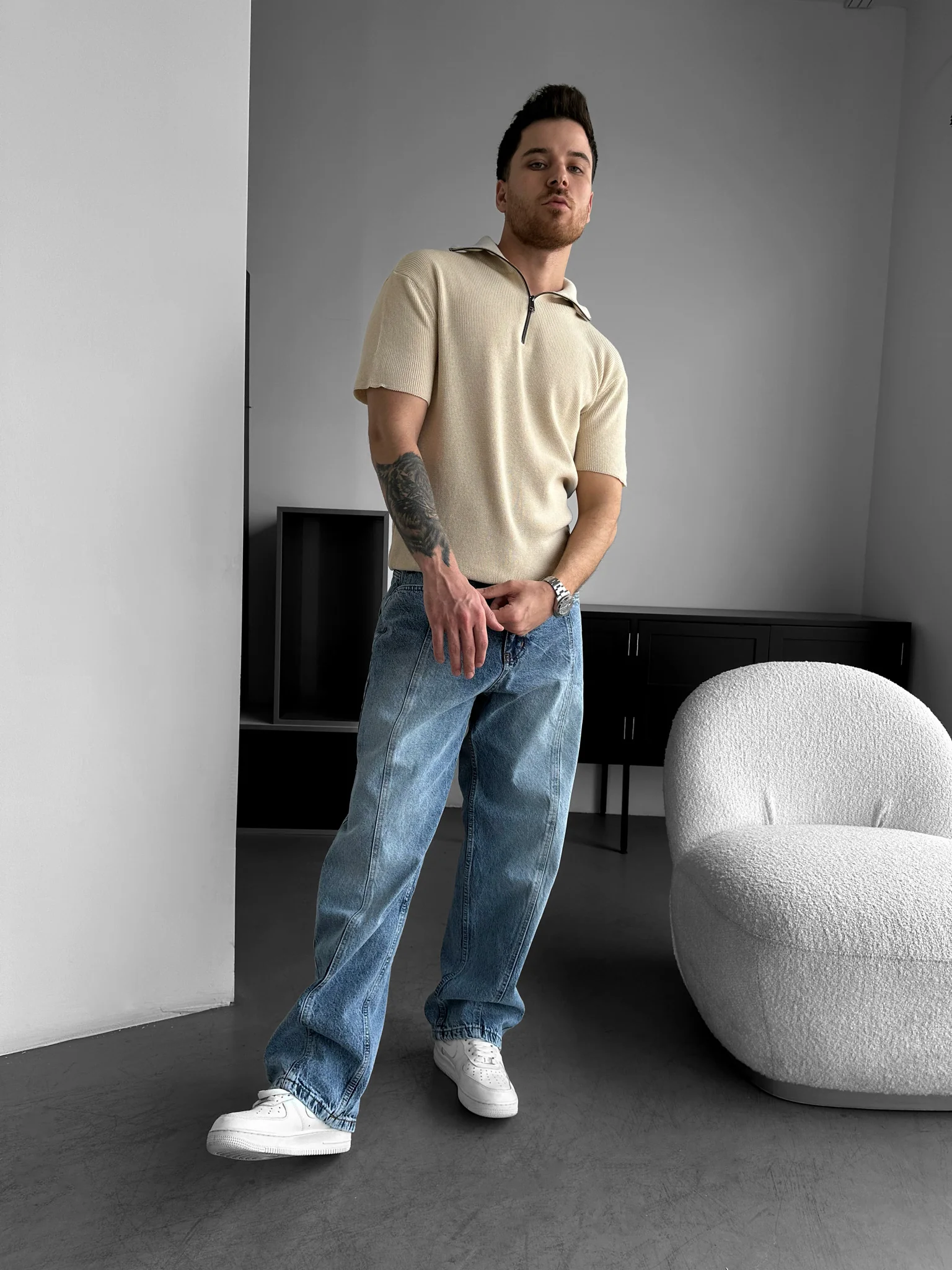 Oversize Zip Neck Knit T-shirt - Beige - Image 2