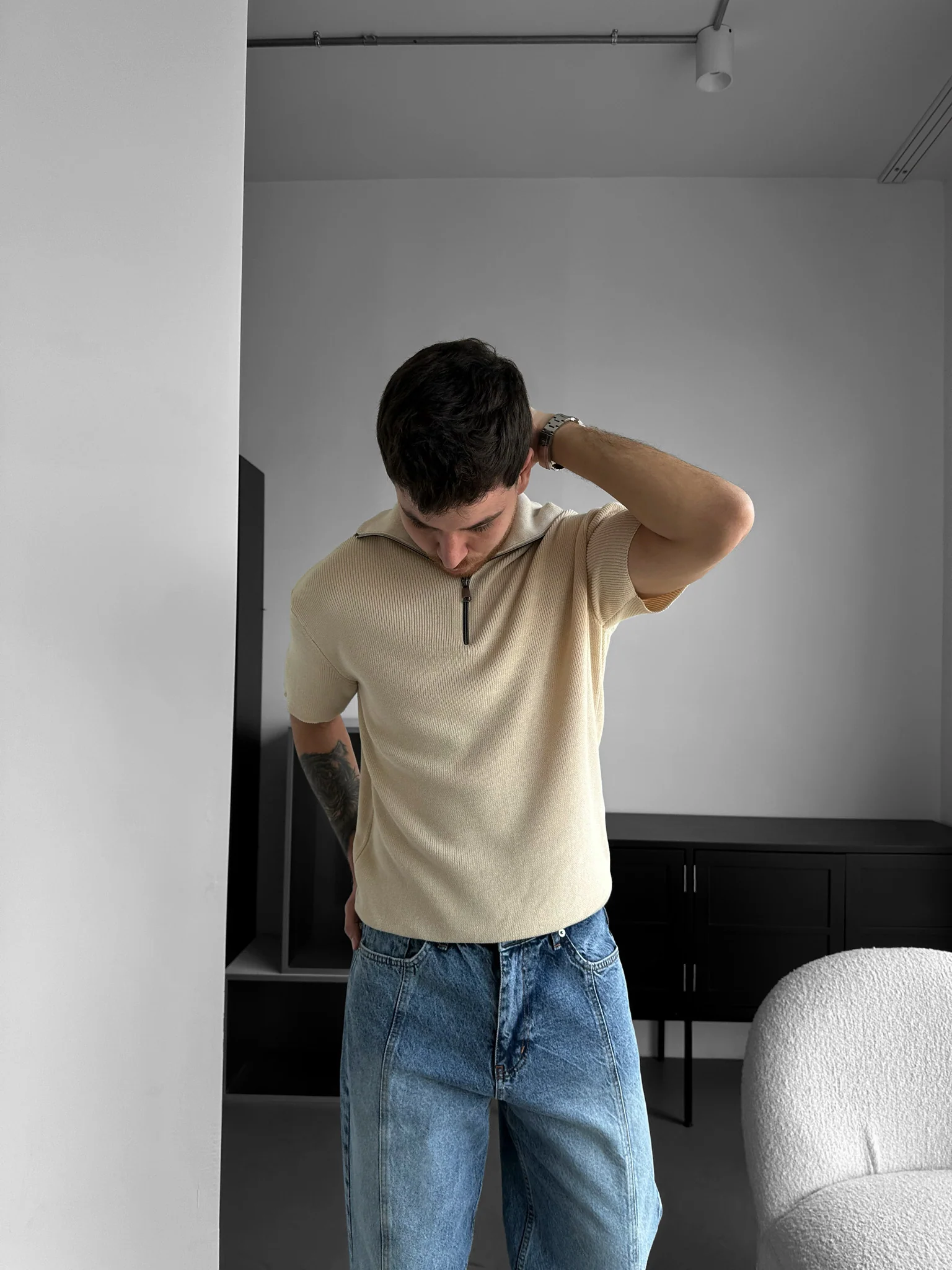 Oversize Zip Neck Knit T-shirt - Beige - Image 3