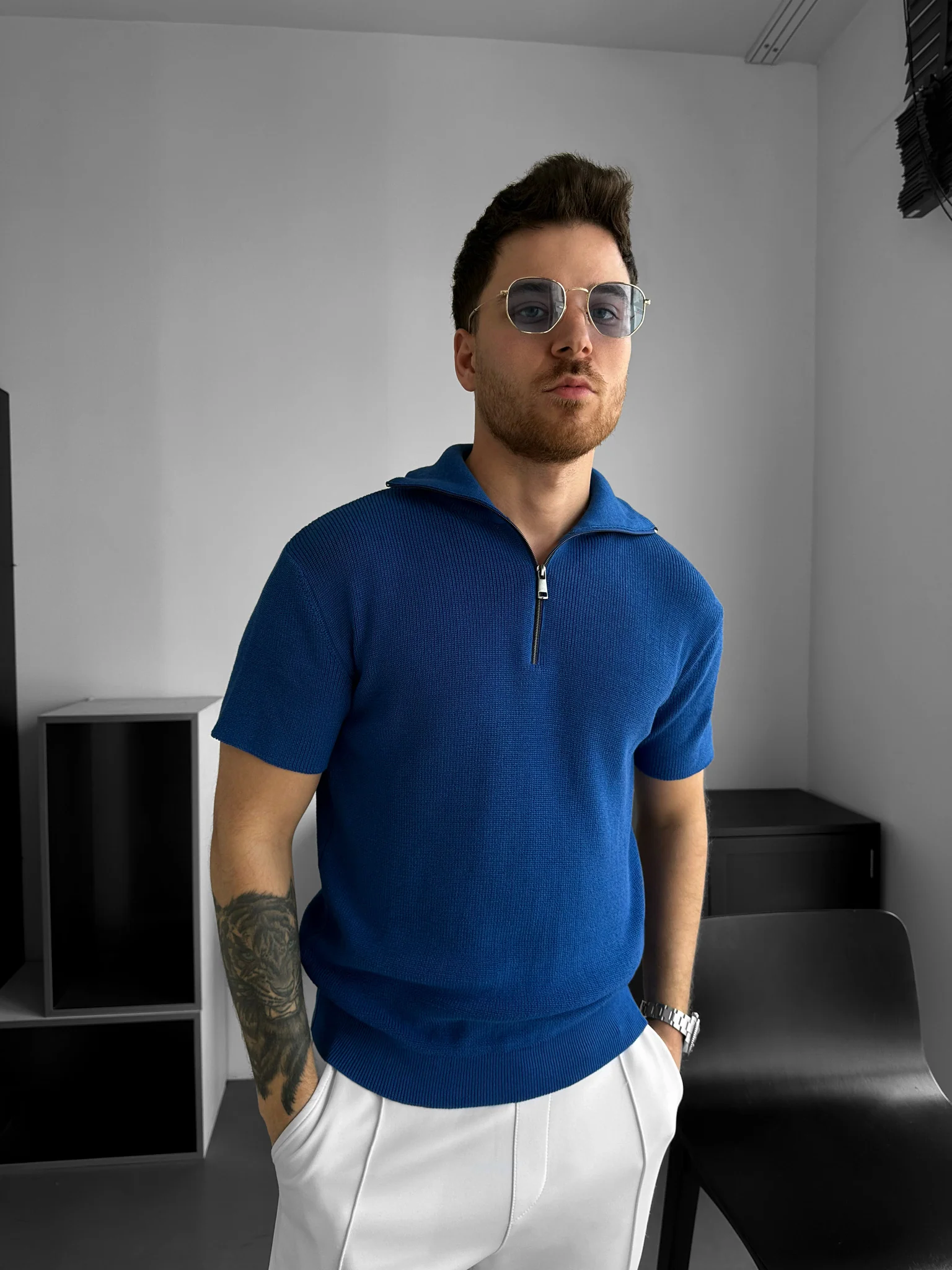 Oversize Zip Neck Knit T-shirt - Sax - Image 2
